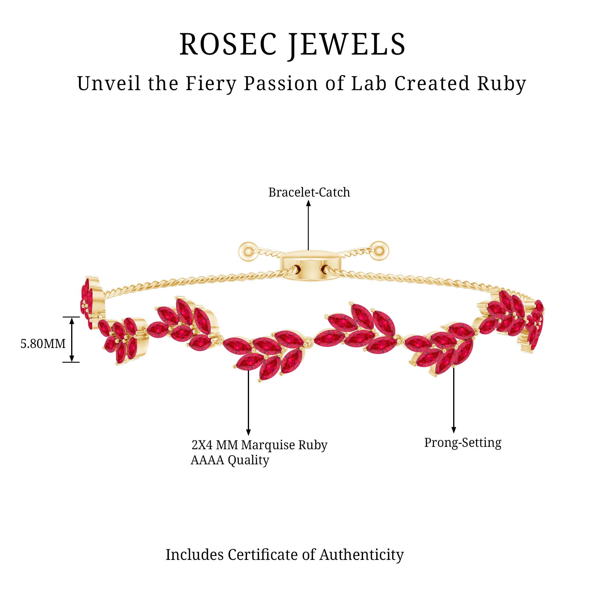 Marquise Lab Grown Ruby Leaf Bolo Bracelet AAAA - Rosec Jewels