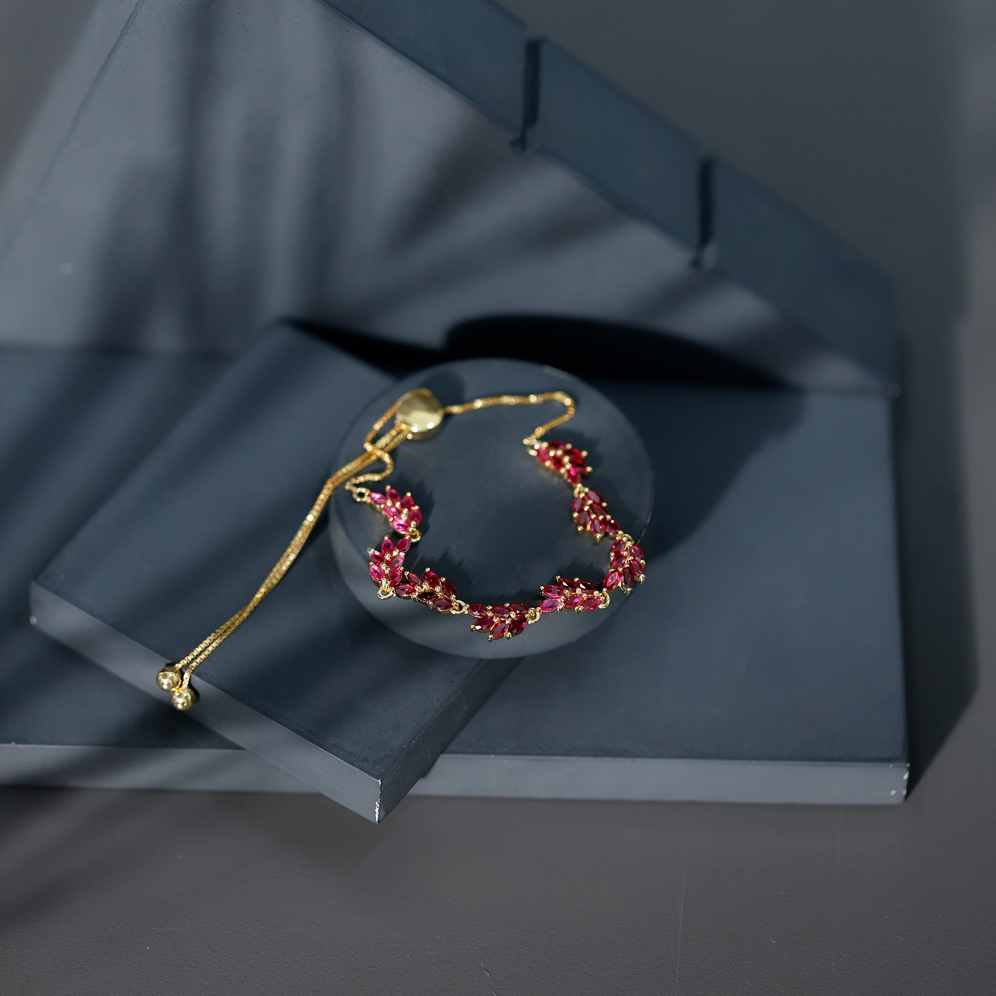 Marquise Lab Grown Ruby Leaf Bolo Bracelet AAAA - Rosec Jewels