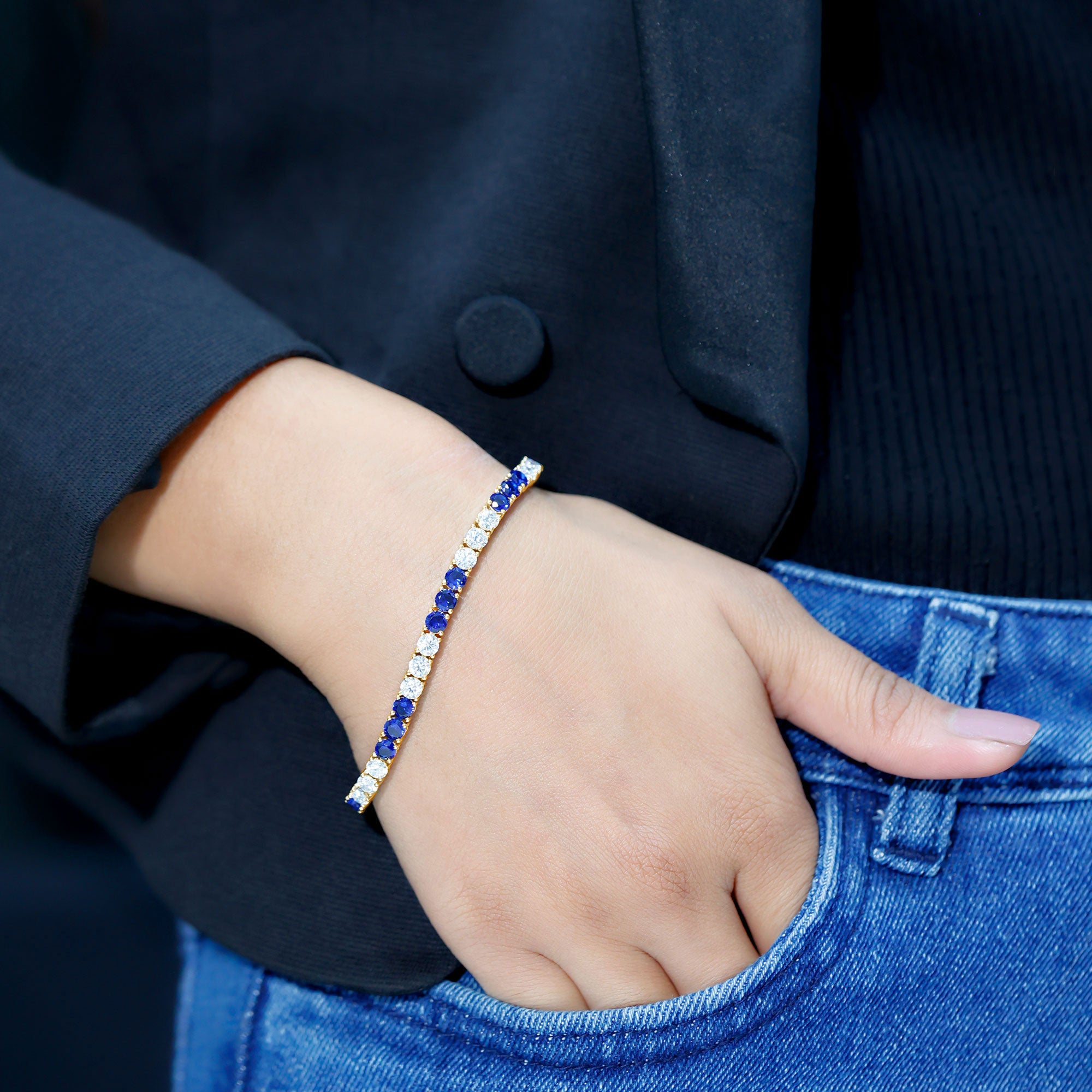 Prong Set Lab Grown Diamond Sapphire Eternity Tennis Bracelet AAAA - Rosec Jewels