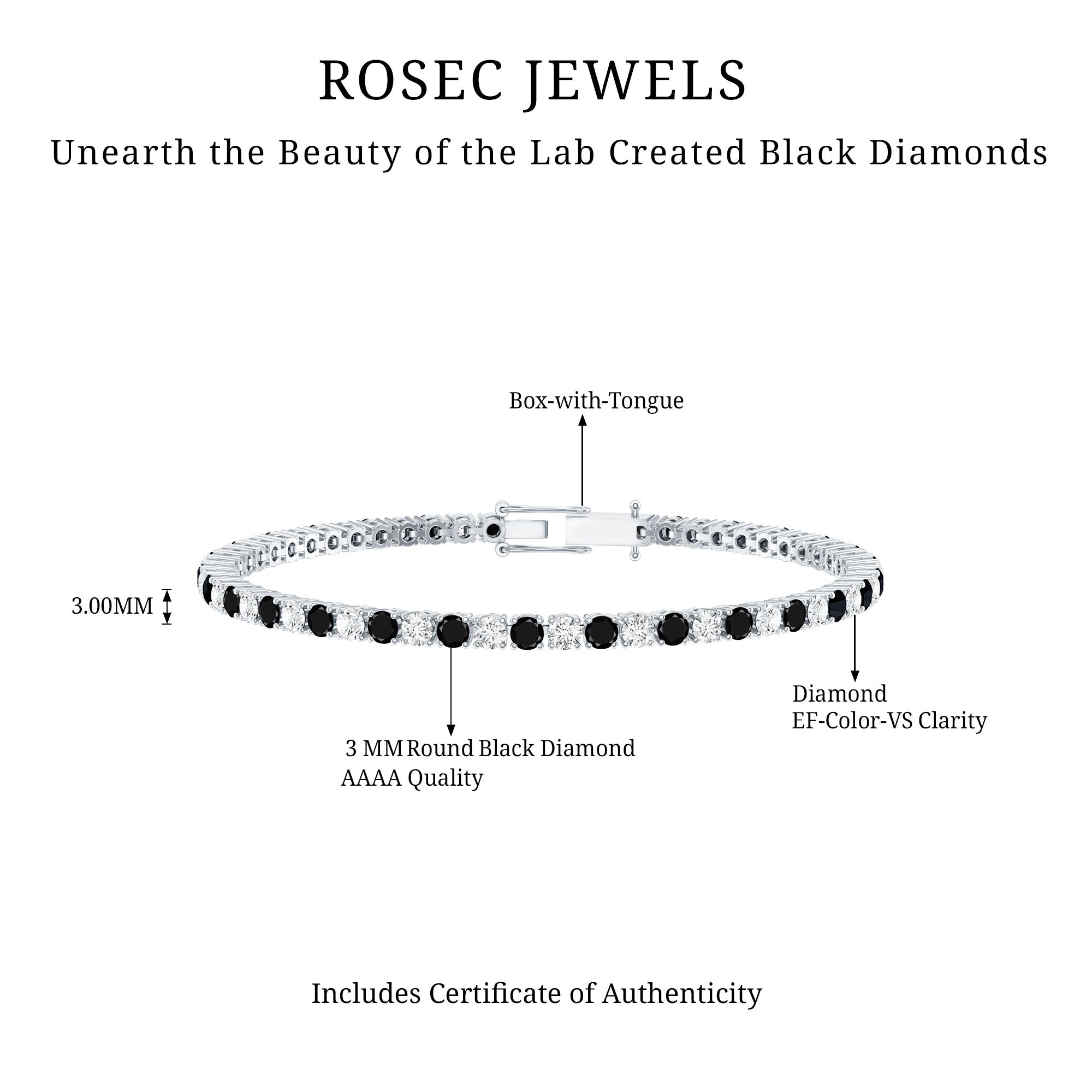 Prong Set Certified Lab Grown Black and White Diamond Tennis Bracelet AAAA ( Synthetic ) - Rosec Jewels