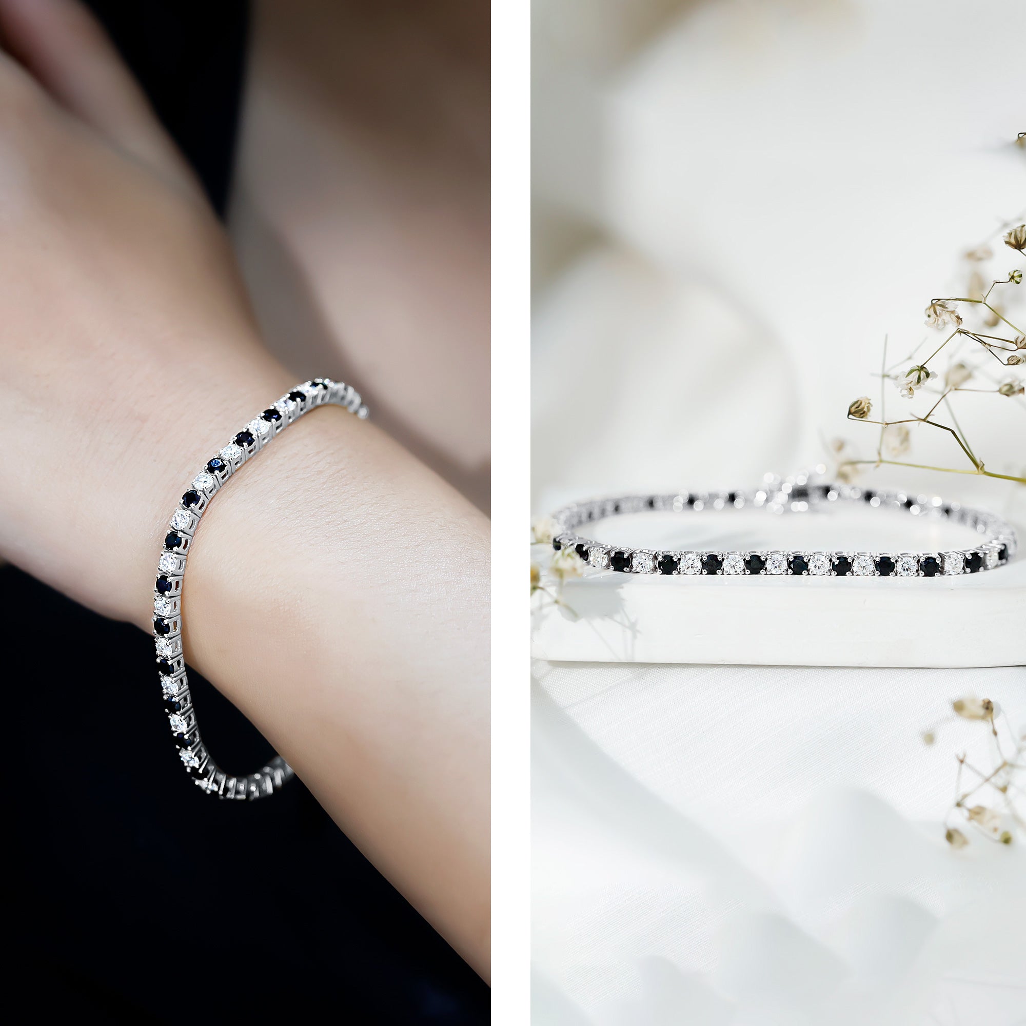Prong Set Certified Lab Grown Black and White Diamond Tennis Bracelet AAAA ( Synthetic ) - Rosec Jewels