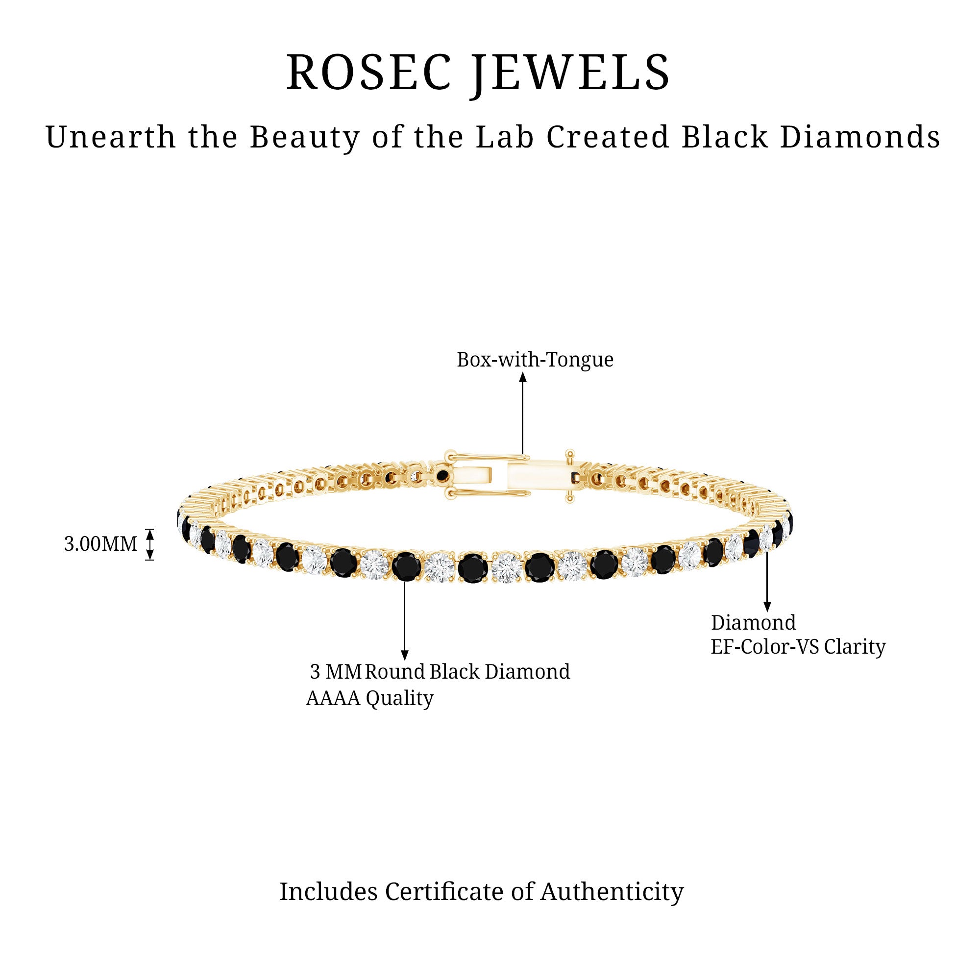 Prong Set Certified Lab Grown Black and White Diamond Tennis Bracelet AAAA ( Synthetic ) - Rosec Jewels
