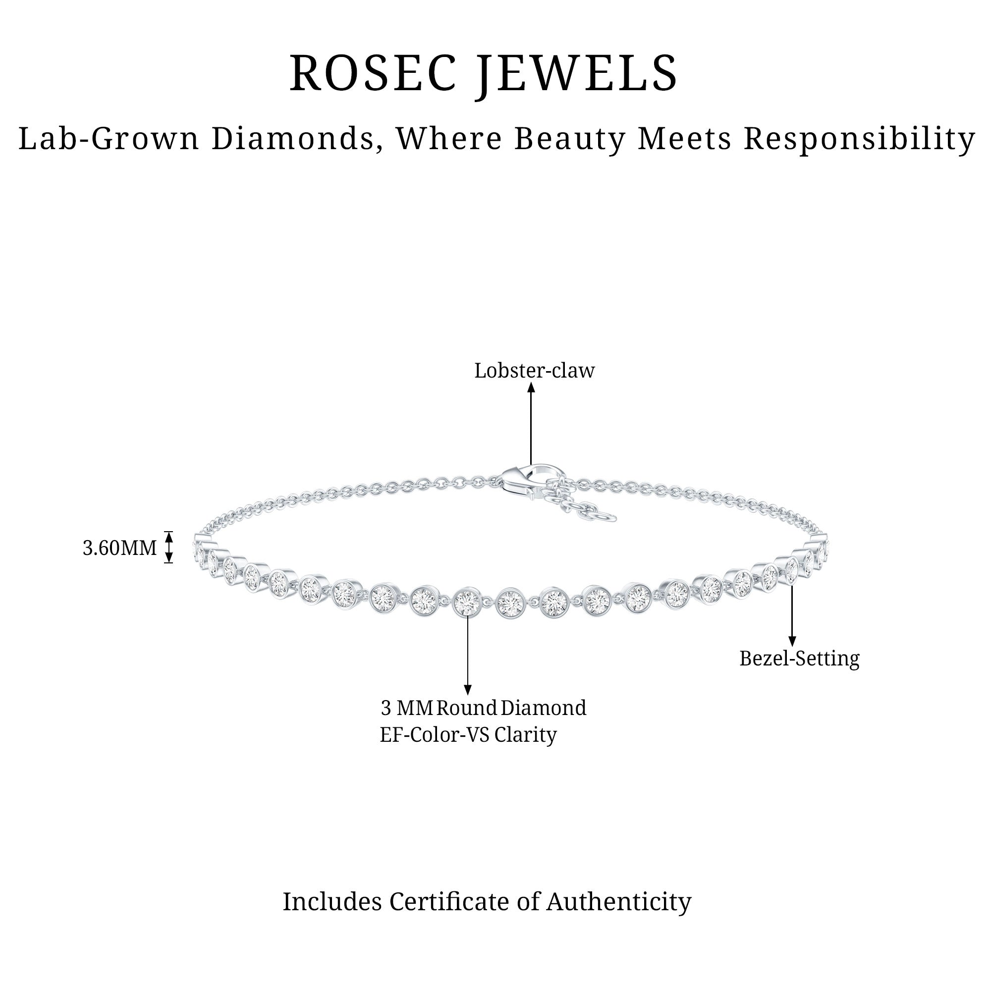 Certified Lab Grown Bezel Set Diamond Eternity Chain Bracelet Lab - ( EF-VS ) - Rosec Jewels
