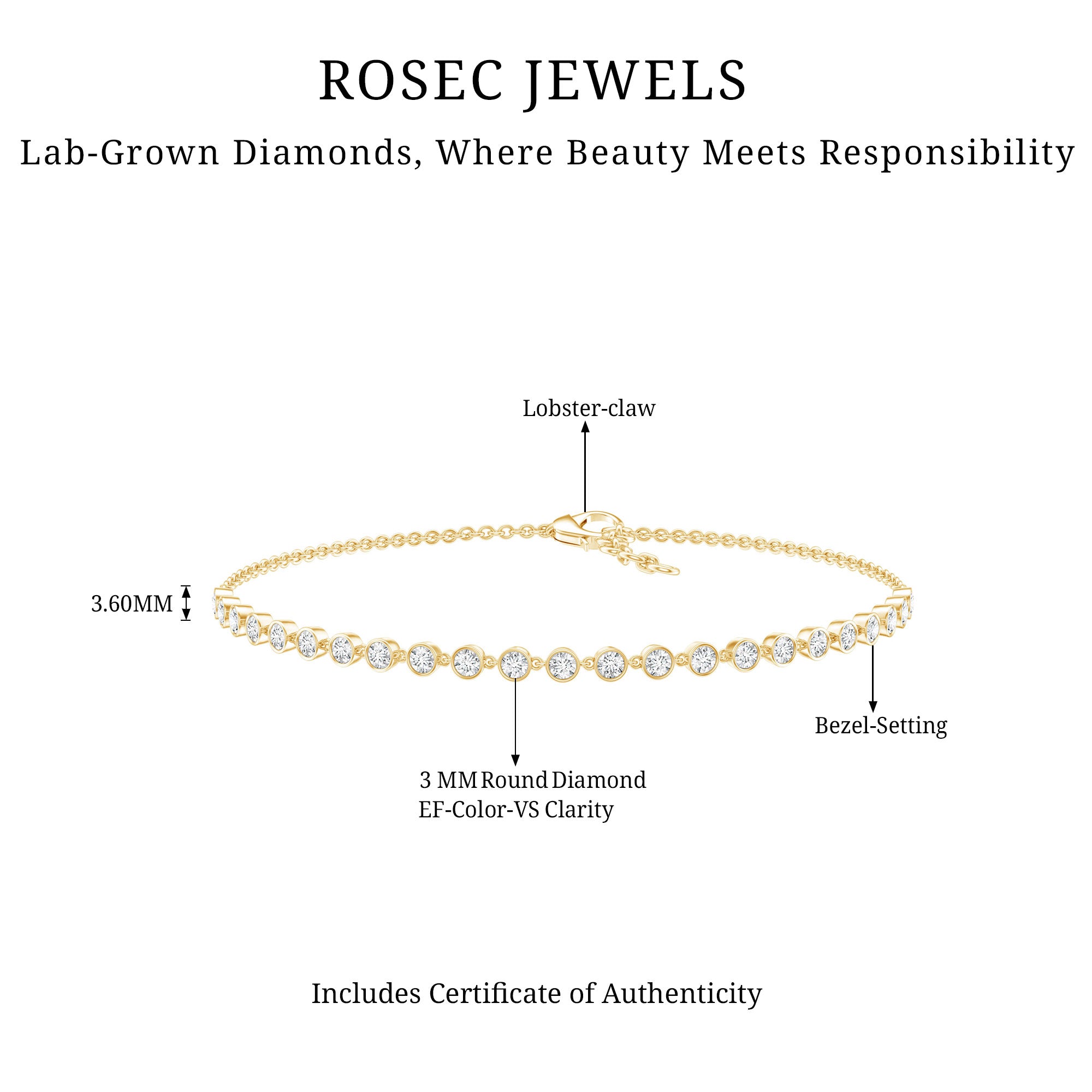 Certified Lab Grown Bezel Set Diamond Eternity Chain Bracelet Lab - ( EF-VS ) - Rosec Jewels