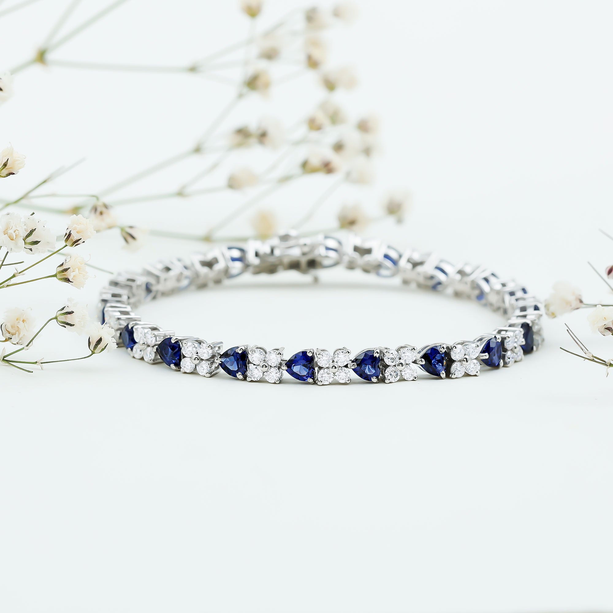 Heart Shape Lab Grown Blue Sapphire and Diamond Tennis Bracelet AAAA - Rosec Jewels