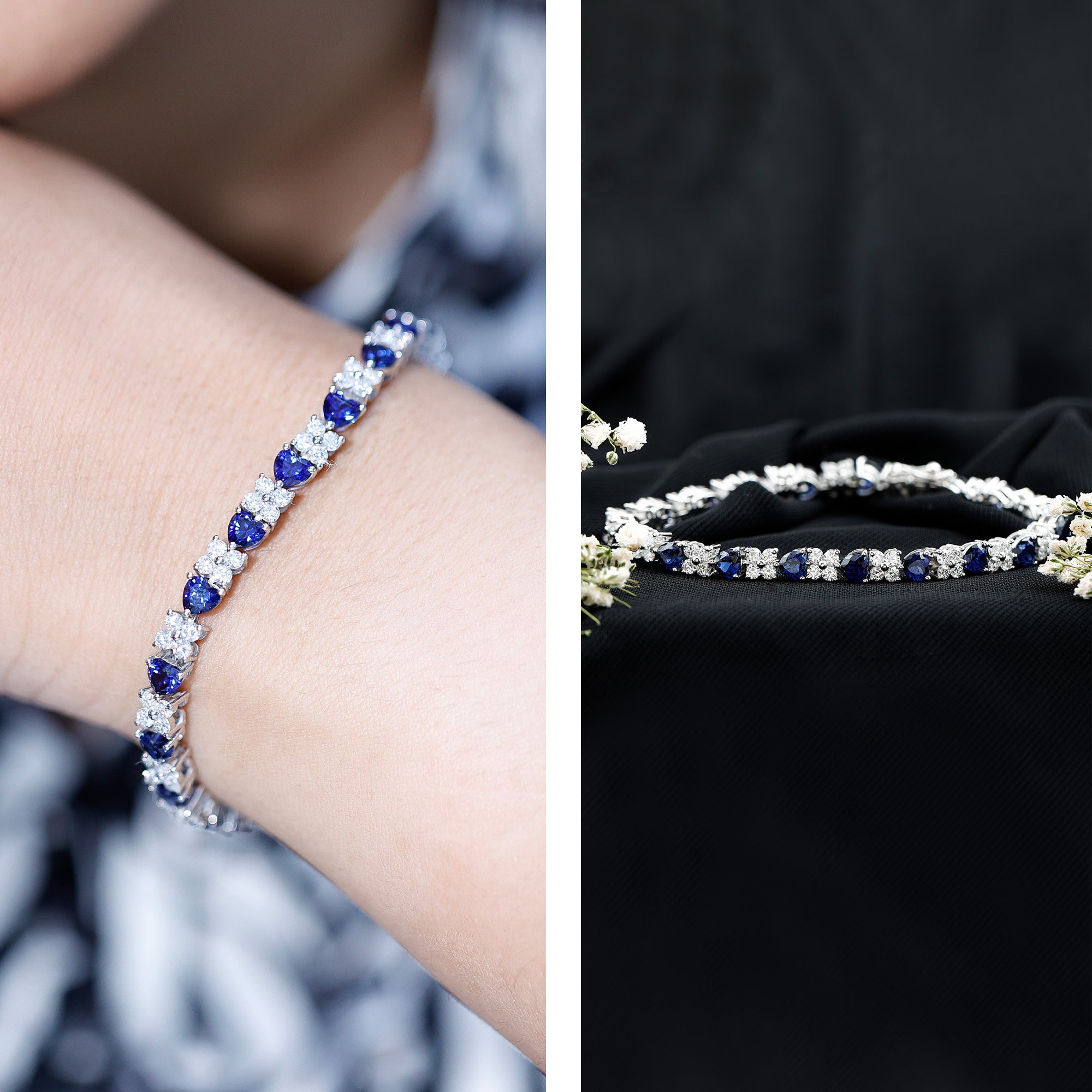 Heart Shape Lab Grown Blue Sapphire and Diamond Tennis Bracelet AAAA - Rosec Jewels
