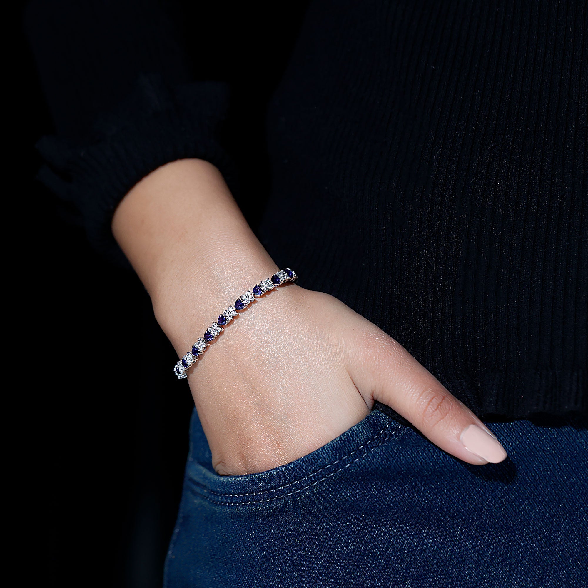 Heart Shape Lab Grown Blue Sapphire and Diamond Tennis Bracelet AAAA - Rosec Jewels