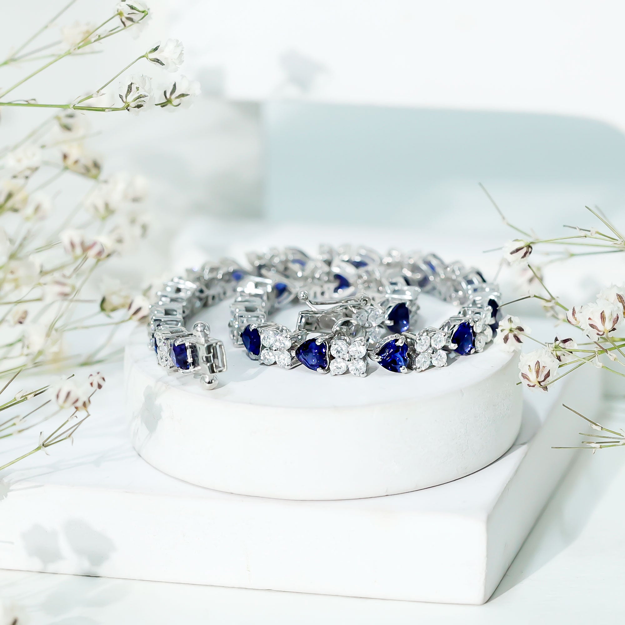 Heart Shape Lab Grown Blue Sapphire and Diamond Tennis Bracelet AAAA - Rosec Jewels