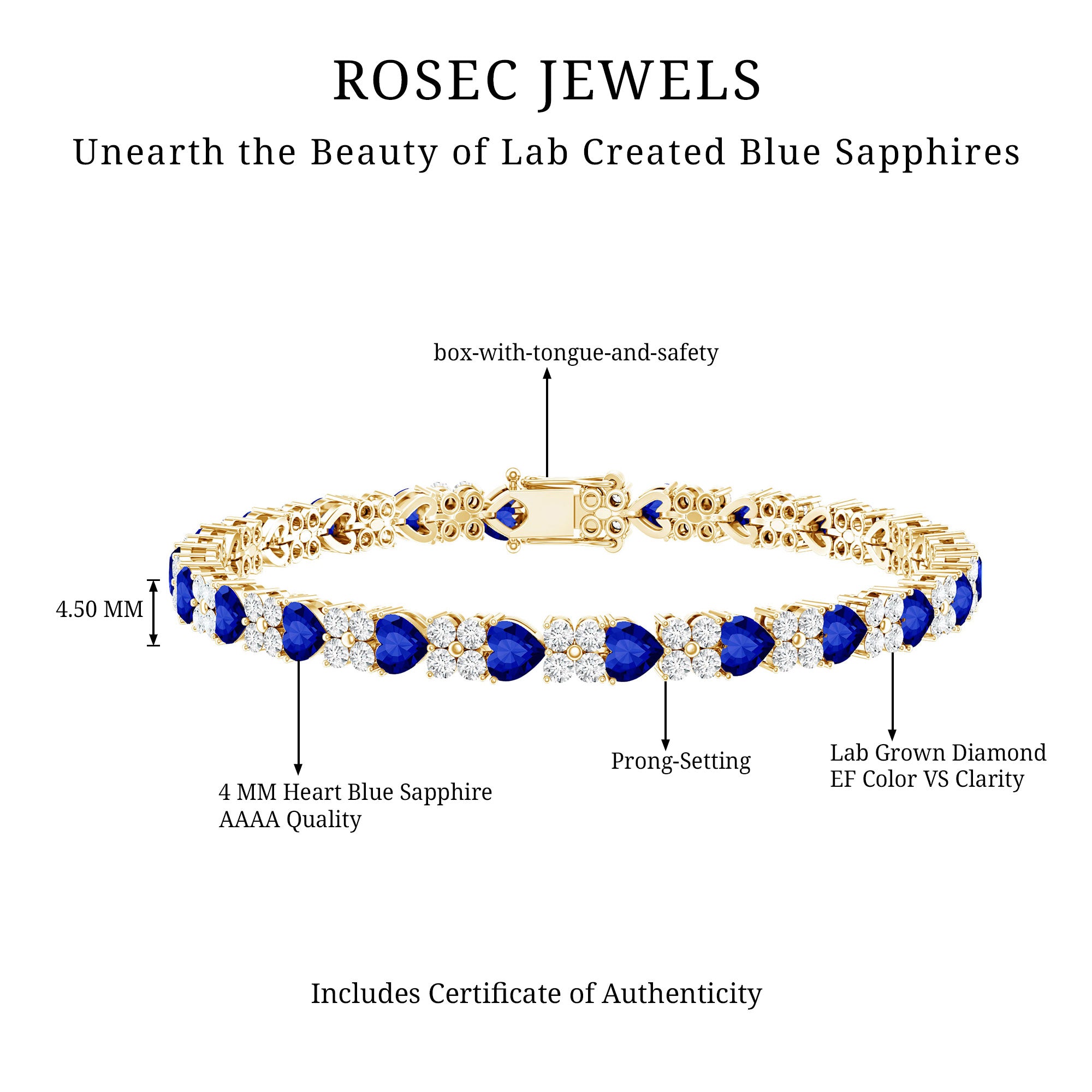Heart Shape Lab Grown Blue Sapphire and Diamond Tennis Bracelet AAAA - Rosec Jewels