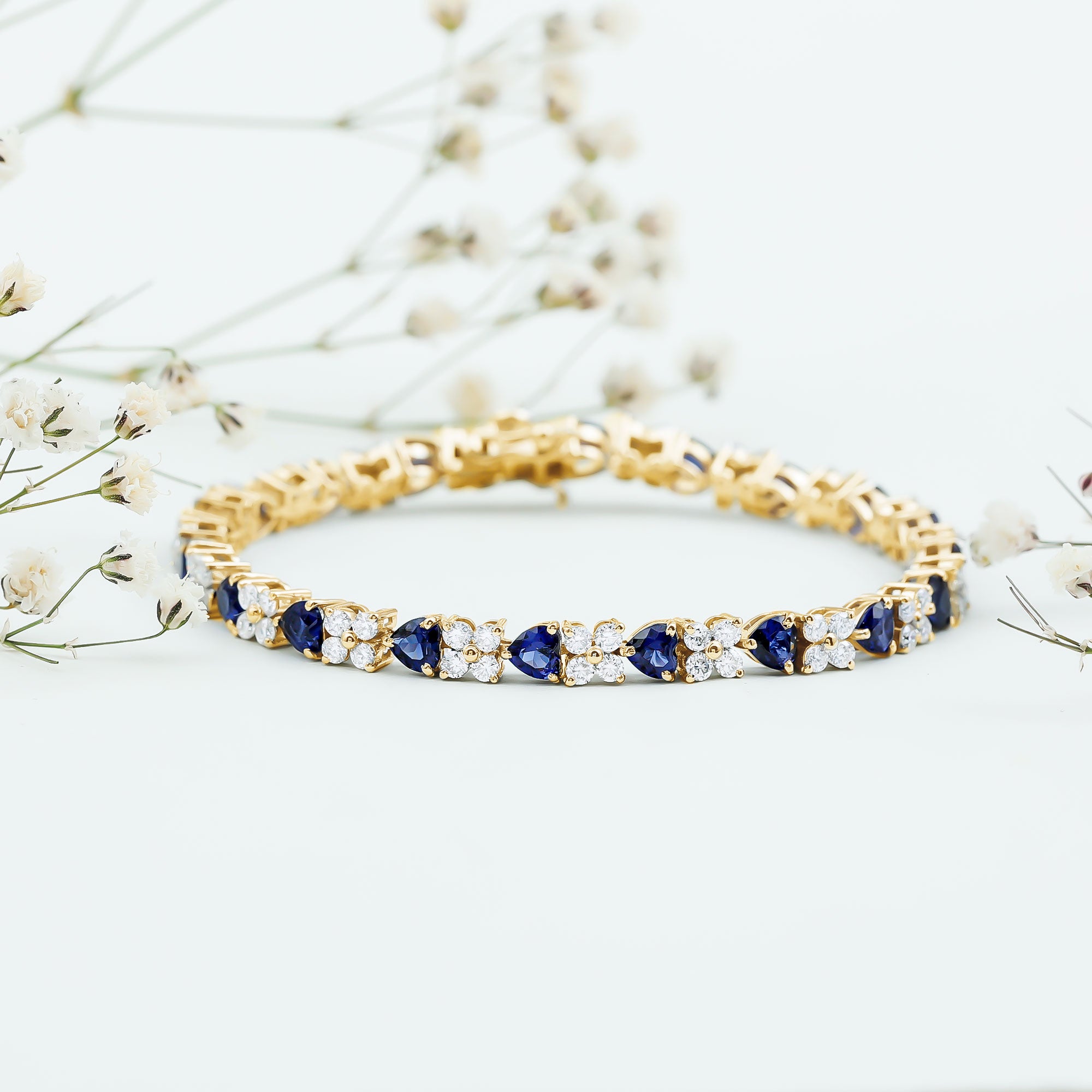 Heart Shape Lab Grown Blue Sapphire and Diamond Tennis Bracelet AAAA - Rosec Jewels