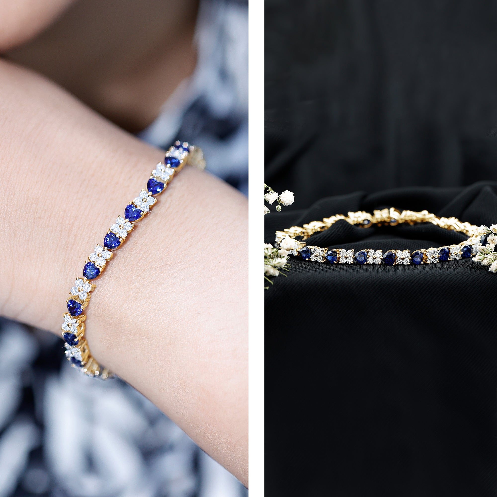 Heart Shape Lab Grown Blue Sapphire and Diamond Tennis Bracelet AAAA - Rosec Jewels