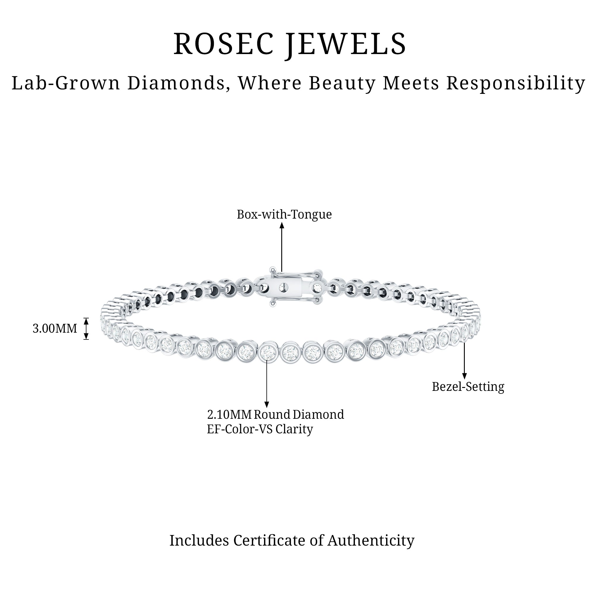 Certified Bezel Set Lab Grown Diamond Tennis Bracelet Lab - ( EF-VS ) - Rosec Jewels