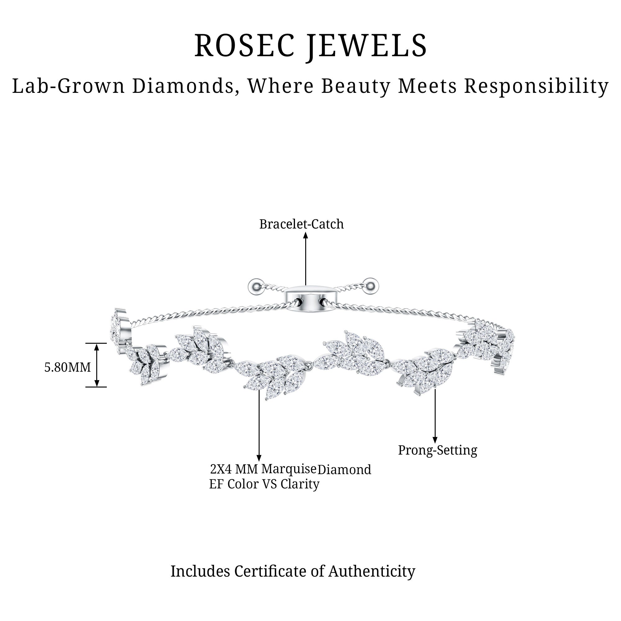 Certified Lab Grown Diamond Leaf Bolo Bracelet Adjustable Lab - ( EF-VS ) - Rosec Jewels