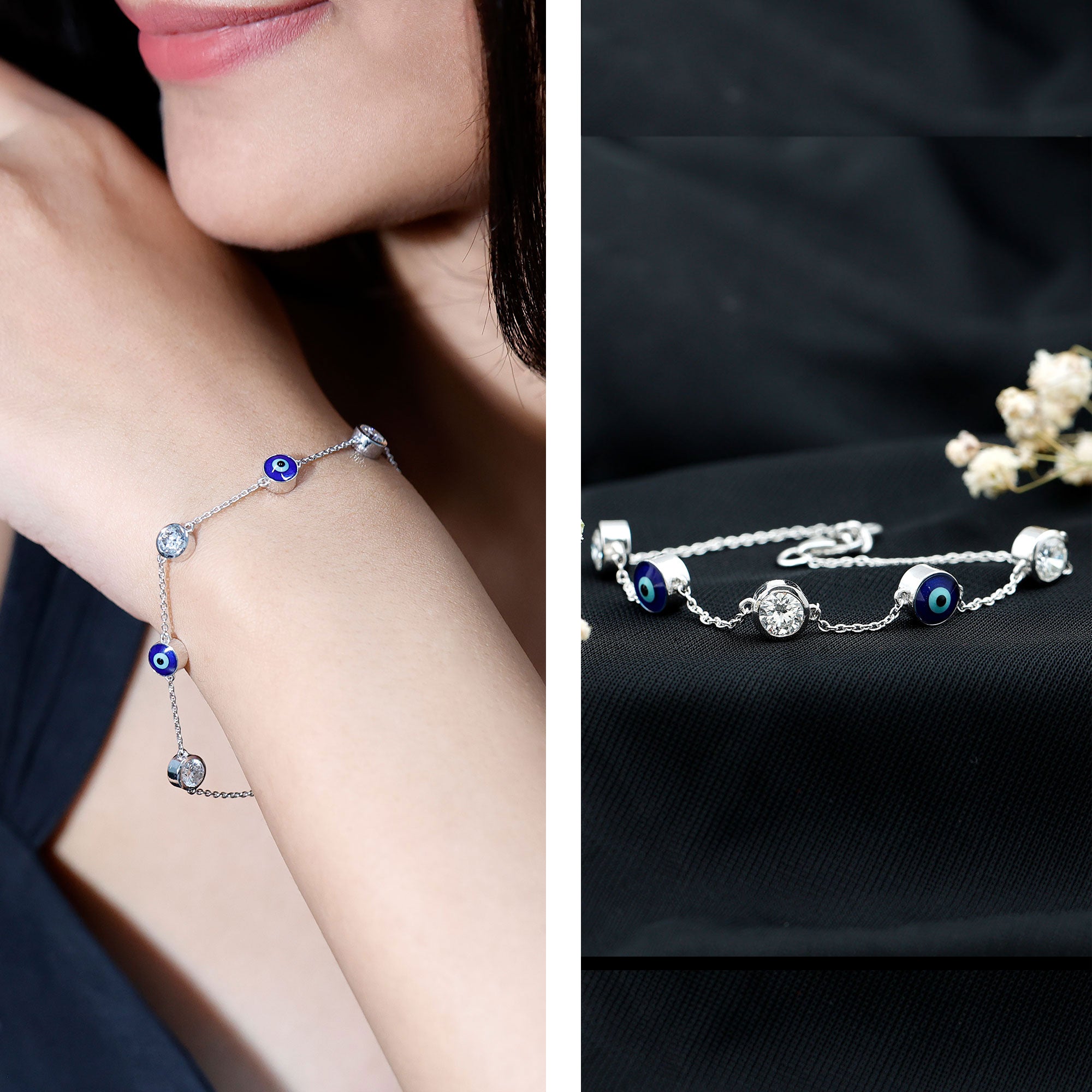 Lab Grown Bezel Set Diamond Evil Eye Bracelet Lab - ( EF-VS ) - Rosec Jewels