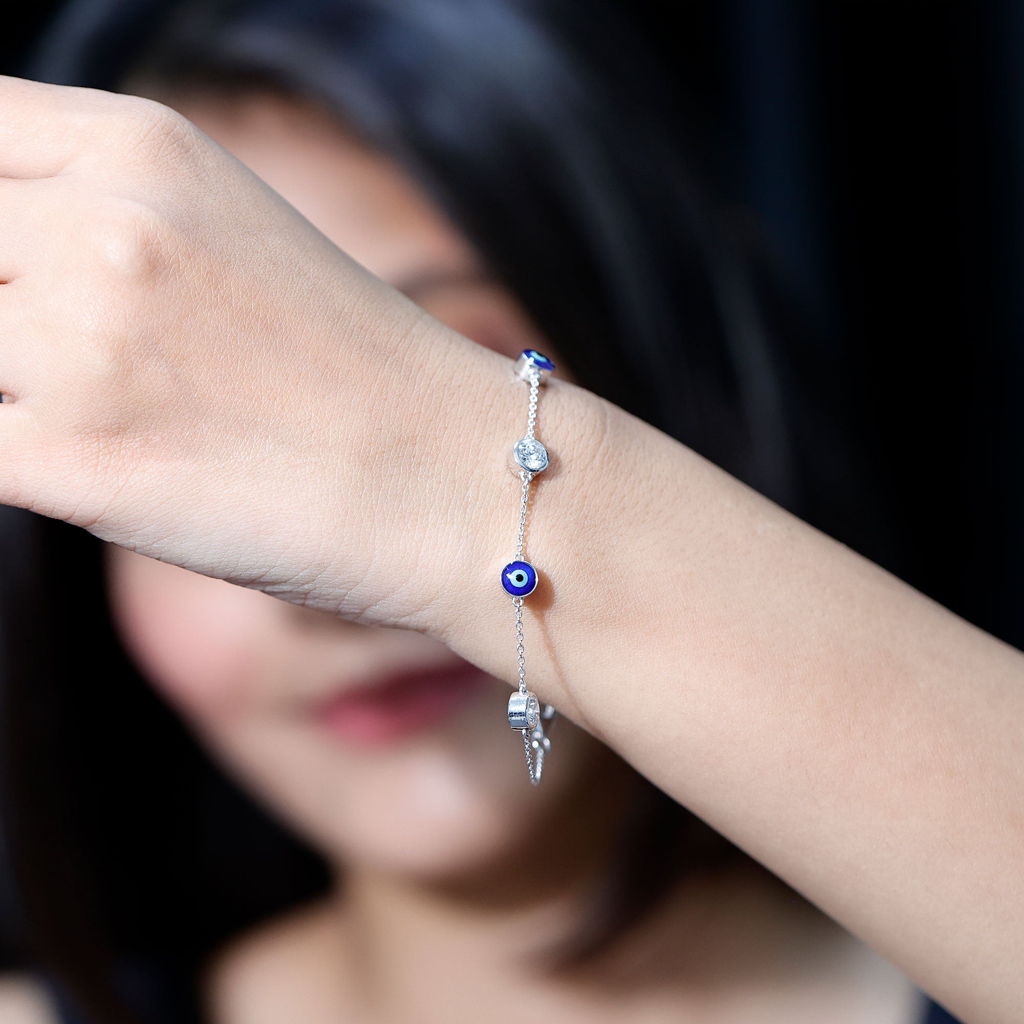 Lab Grown Bezel Set Diamond Evil Eye Bracelet Lab - ( EF-VS ) - Rosec Jewels