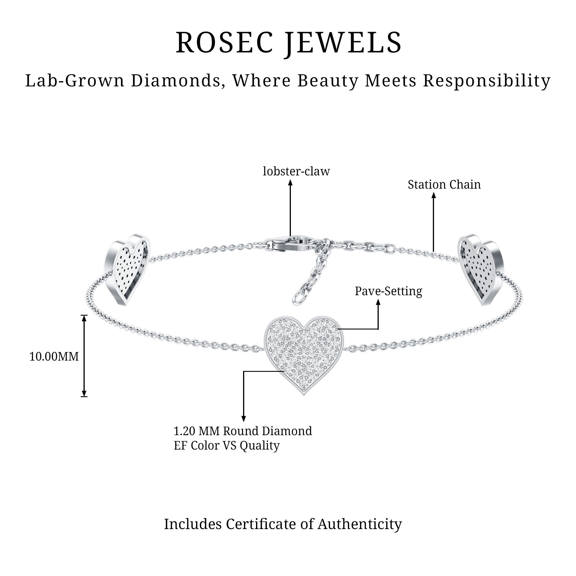 Pave Set Lab Grown Diamond Heart Bracelet for Women Lab - ( EF-VS ) - Rosec Jewels