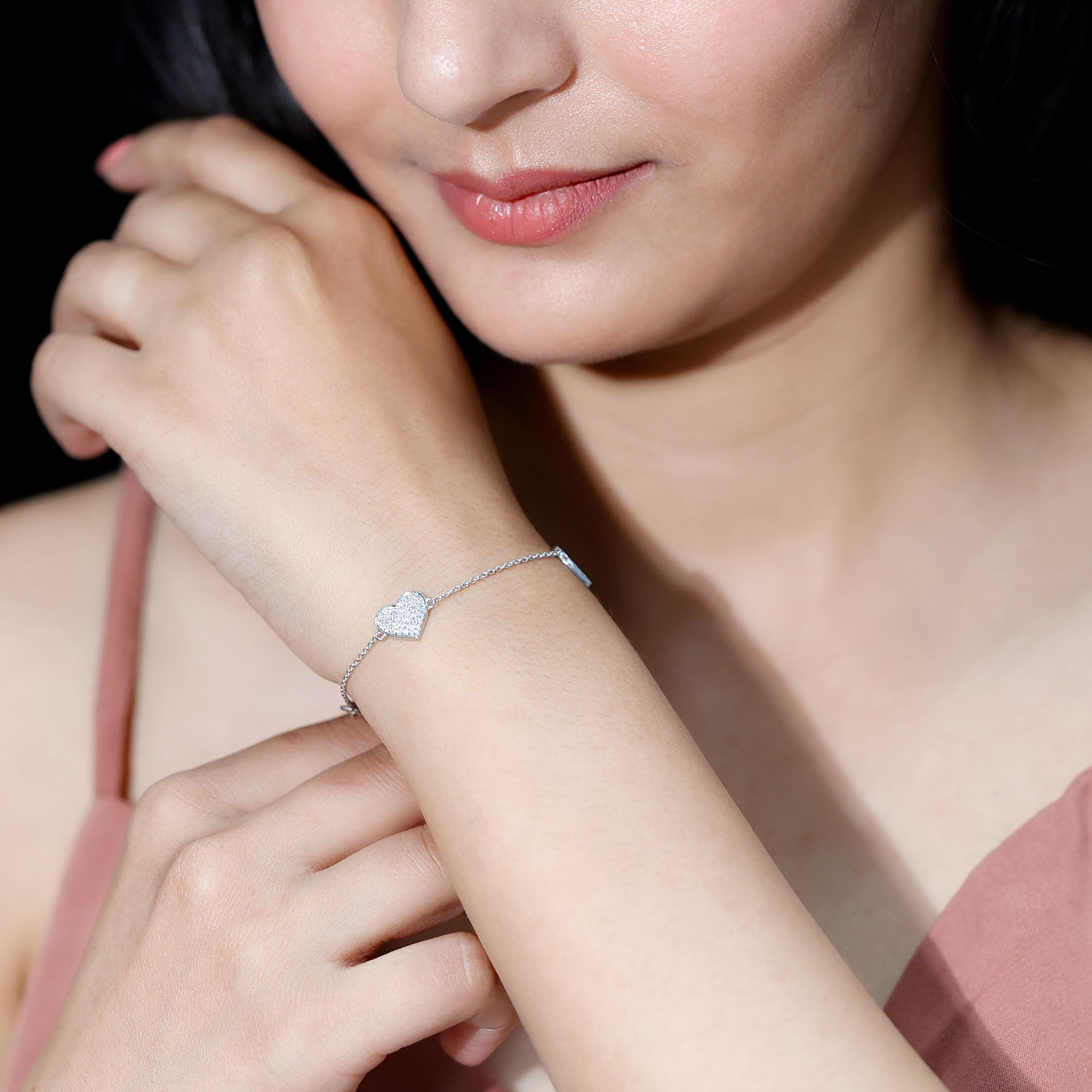 Pave Set Lab Grown Diamond Heart Bracelet for Women Lab - ( EF-VS ) - Rosec Jewels