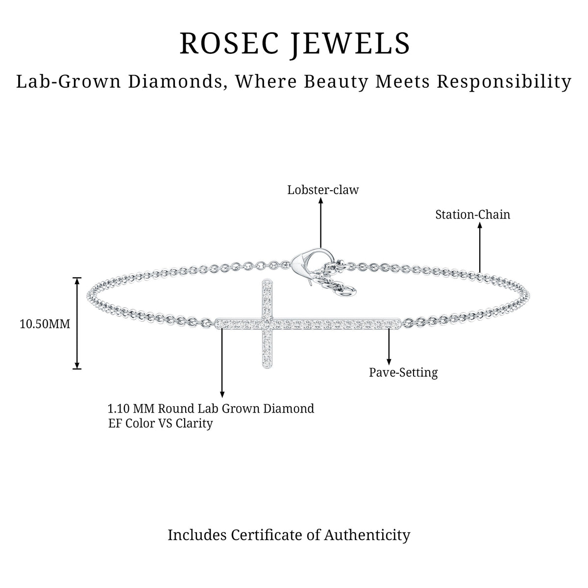 Certified Diamond Sideway Cross Bracelet Lab - ( EF-VS ) - Rosec Jewels