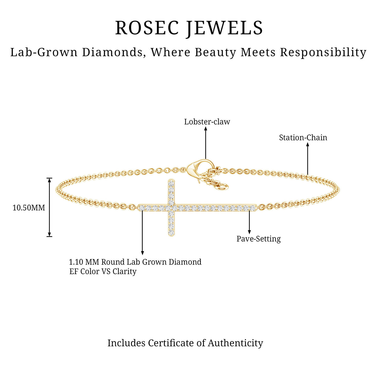 Certified Diamond Sideway Cross Bracelet Lab - ( EF-VS ) - Rosec Jewels