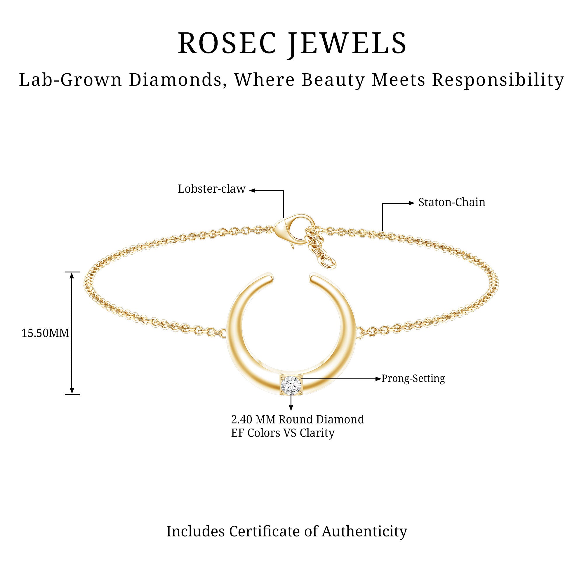 Certified Diamond Moon Chain Bracelet Lab - ( EF-VS ) - Rosec Jewels