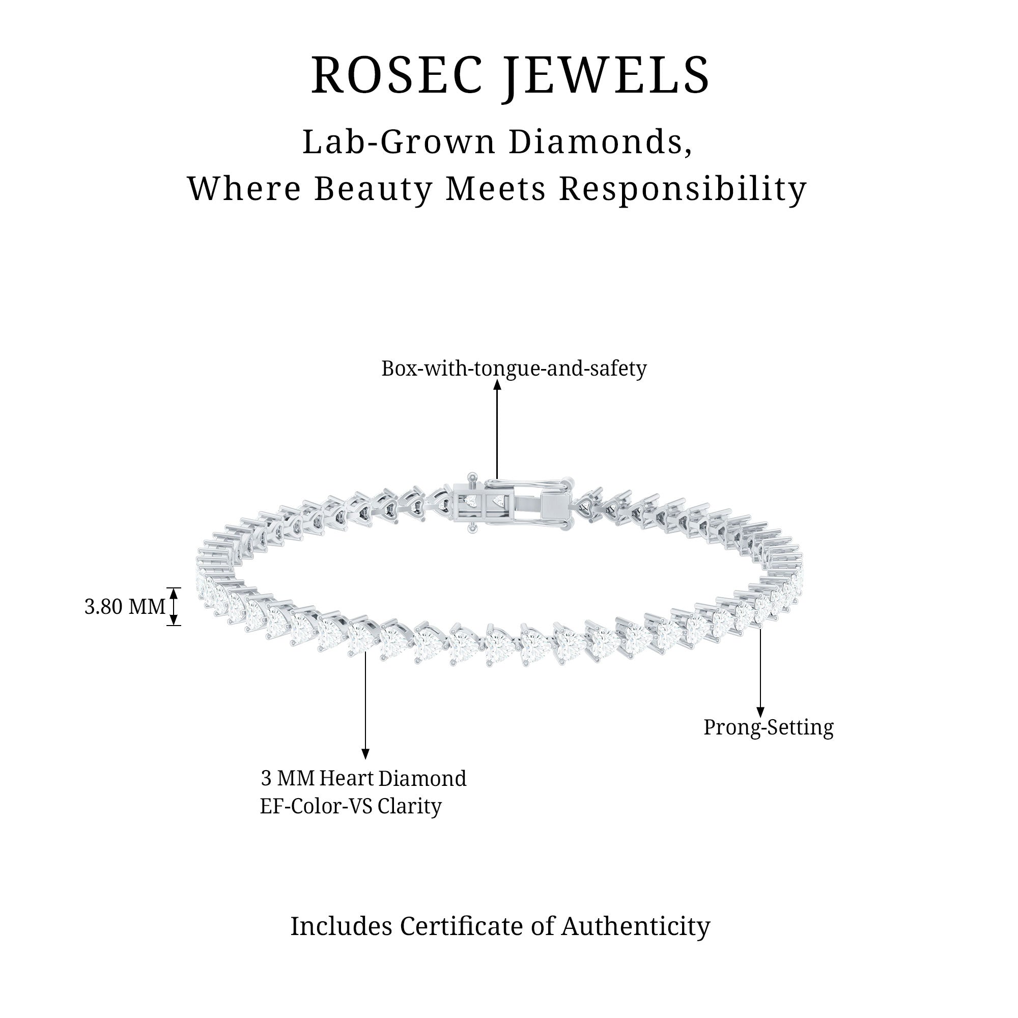 Lab Grown Diamond Heart Tennis Bracelet for Wedding Lab - ( EF-VS ) - Rosec Jewels