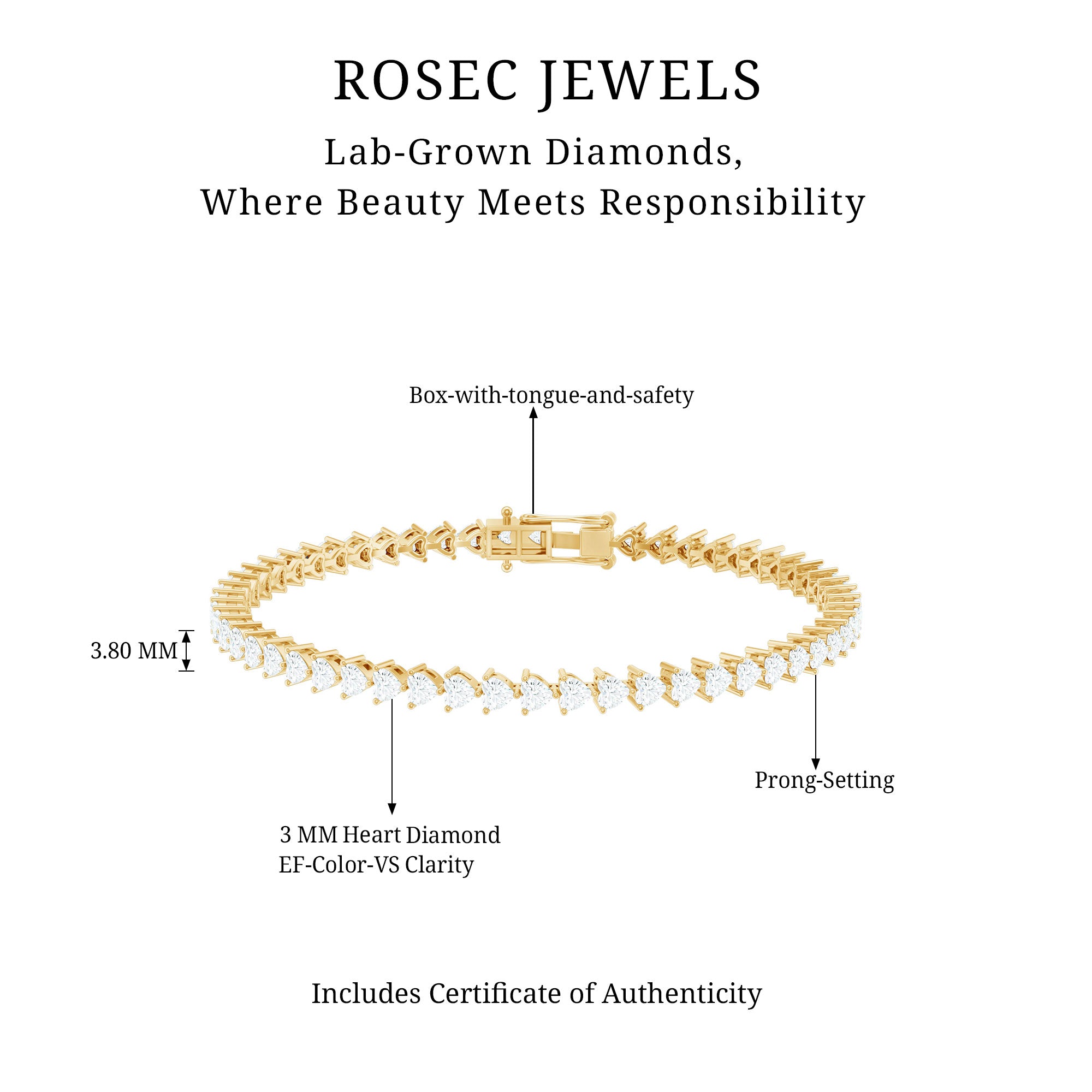 Lab Grown Diamond Heart Tennis Bracelet for Wedding Lab - ( EF-VS ) - Rosec Jewels