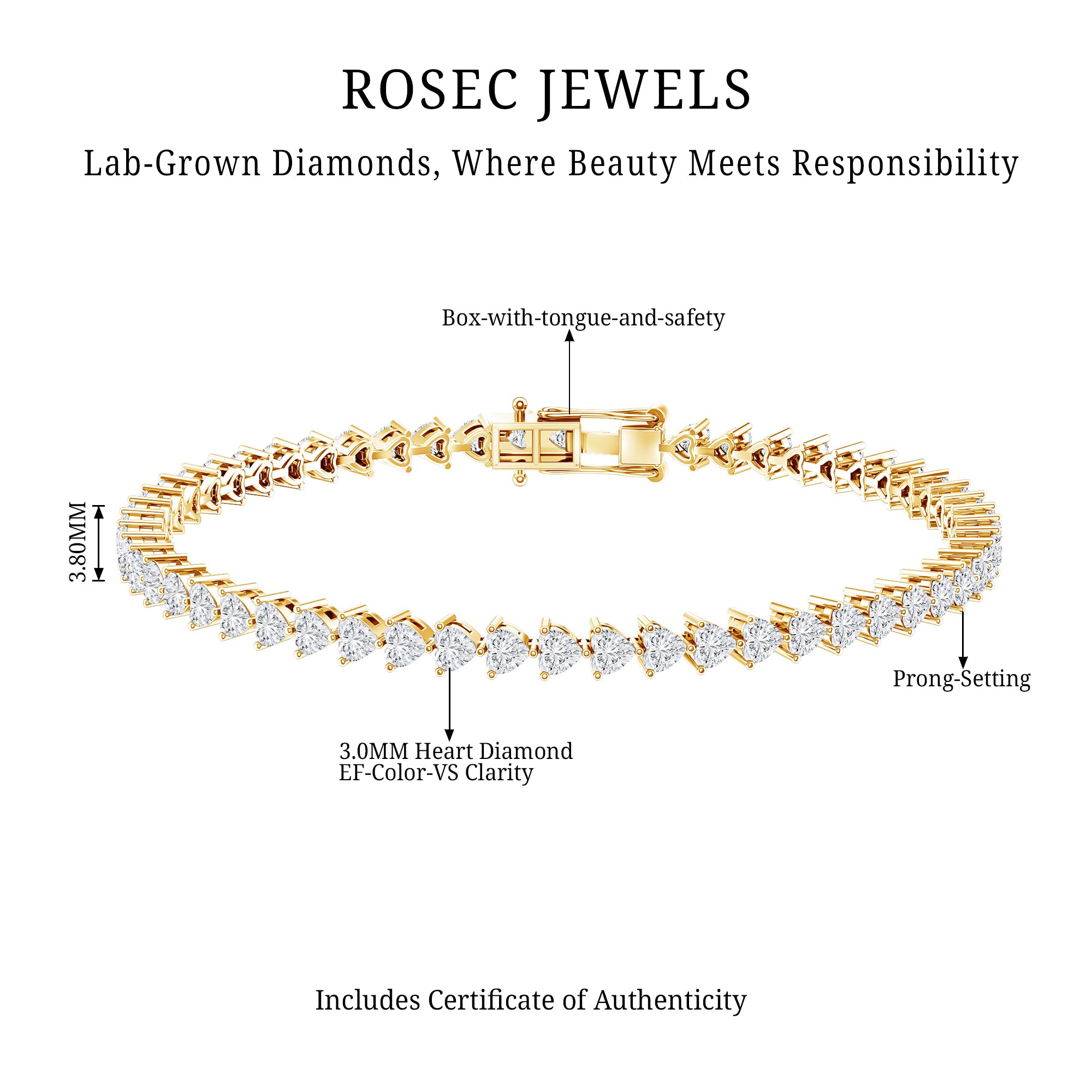 Lab Grown Diamond Heart Tennis Bracelet for Wedding Lab - ( EF-VS ) - Rosec Jewels