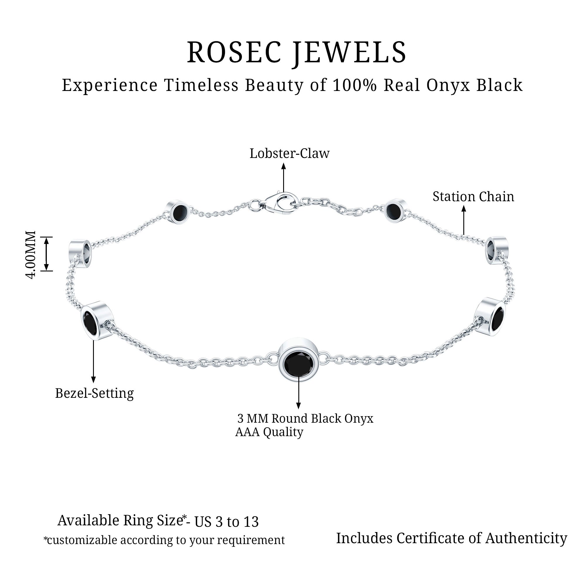 Bezel Set Black Onyx Seven Stone Station Chain Bracelet AAA - Rosec Jewels