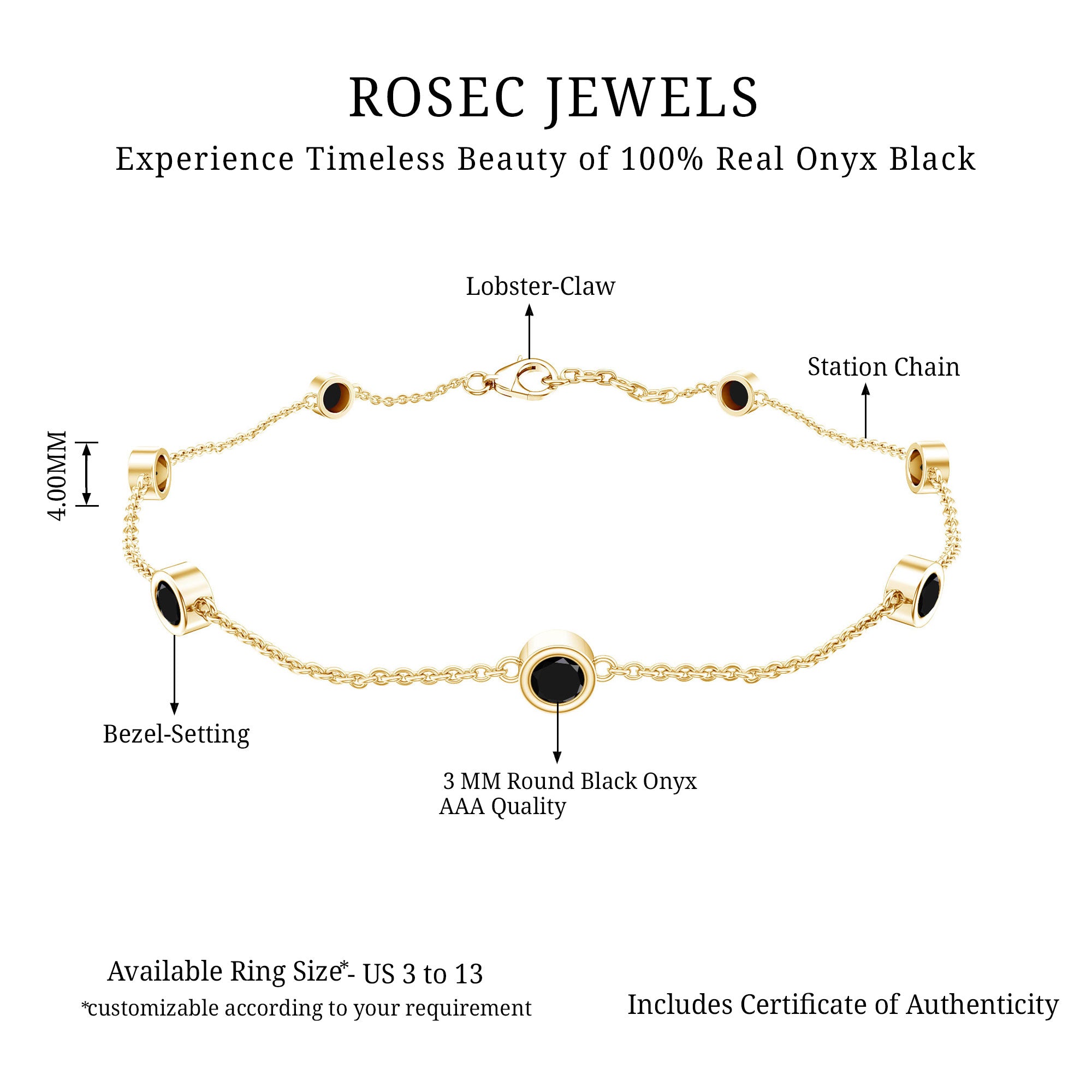 Bezel Set Black Onyx Seven Stone Station Chain Bracelet AAA - Rosec Jewels