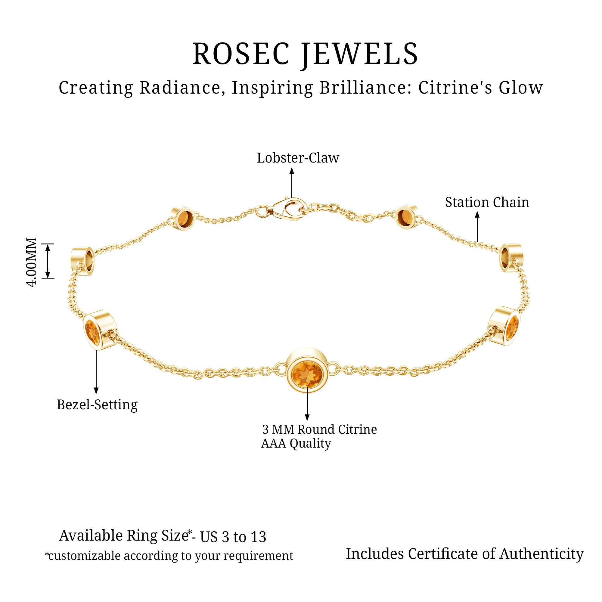 Natural Citrine 7 Stone Station Chain Bracelet for Women AAA - Rosec Jewels
