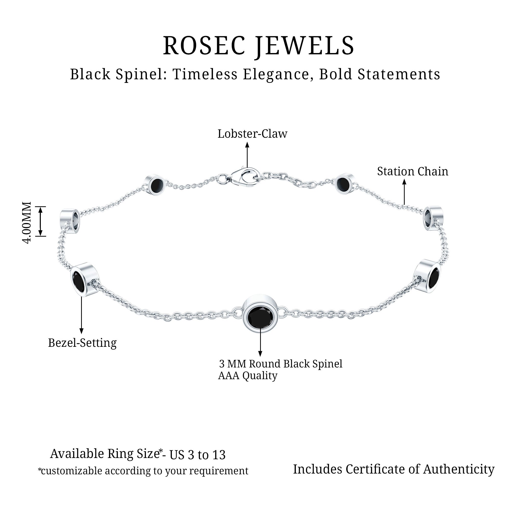 Natural Black Spinel 7 Stone Station Chain Bracelet AAA - Rosec Jewels