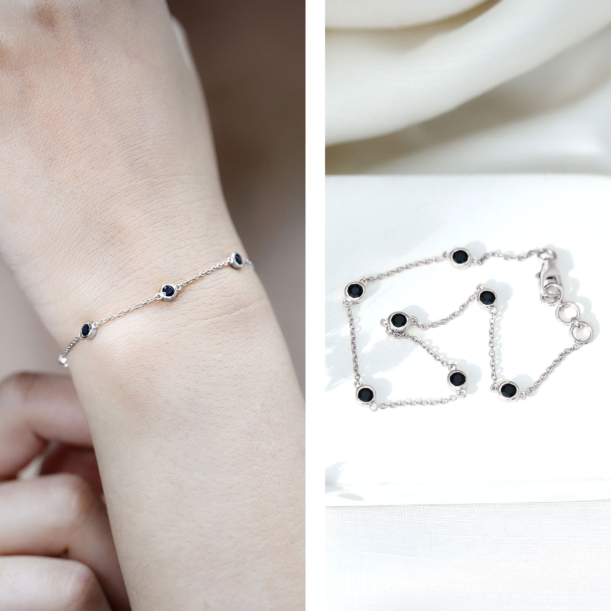 Natural Black Spinel 7 Stone Station Chain Bracelet AAA - Rosec Jewels
