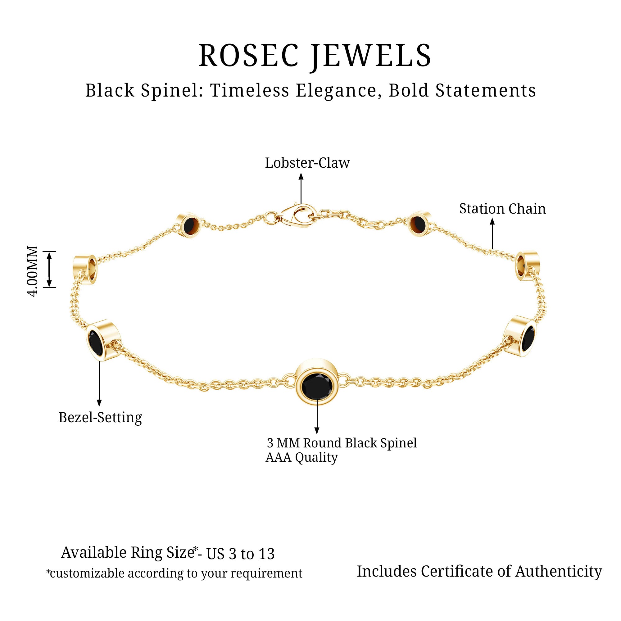 Natural Black Spinel 7 Stone Station Chain Bracelet AAA - Rosec Jewels