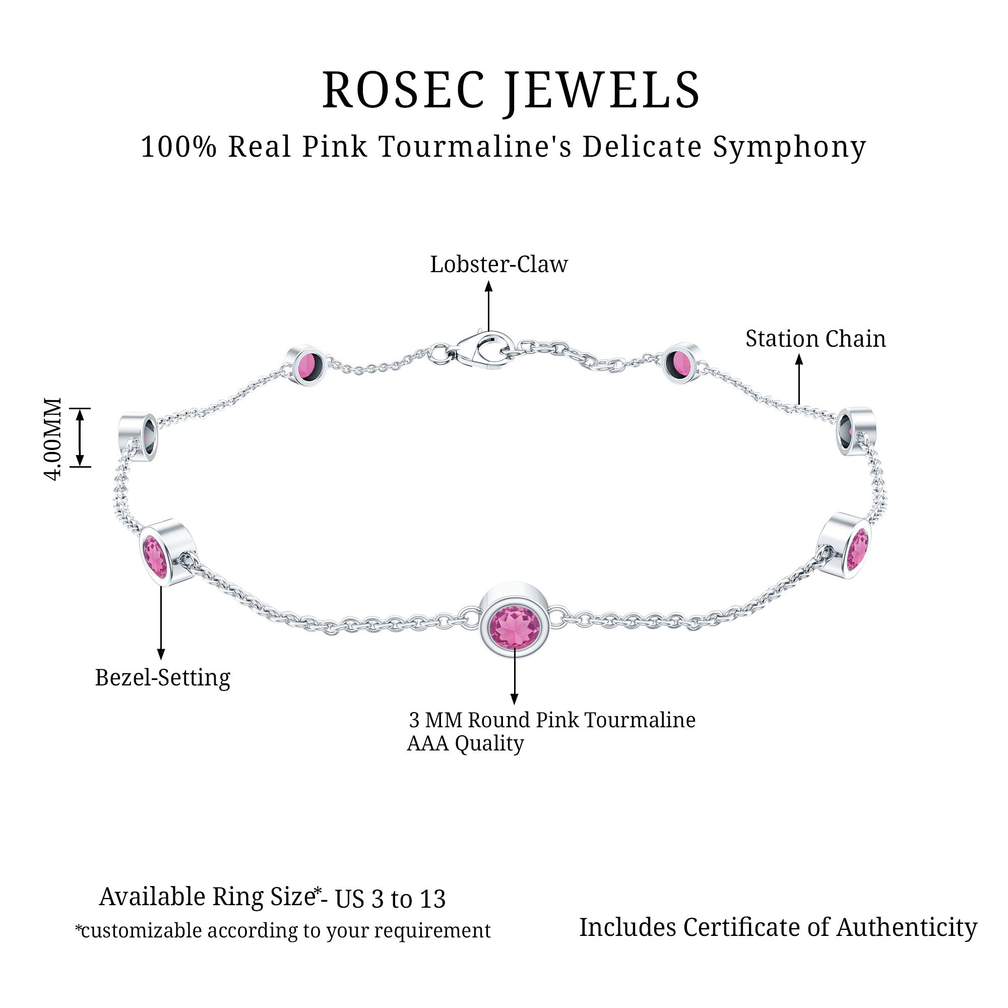 Real Pink Tourmaline Station Chain Bracelet for Women AAA - Rosec Jewels