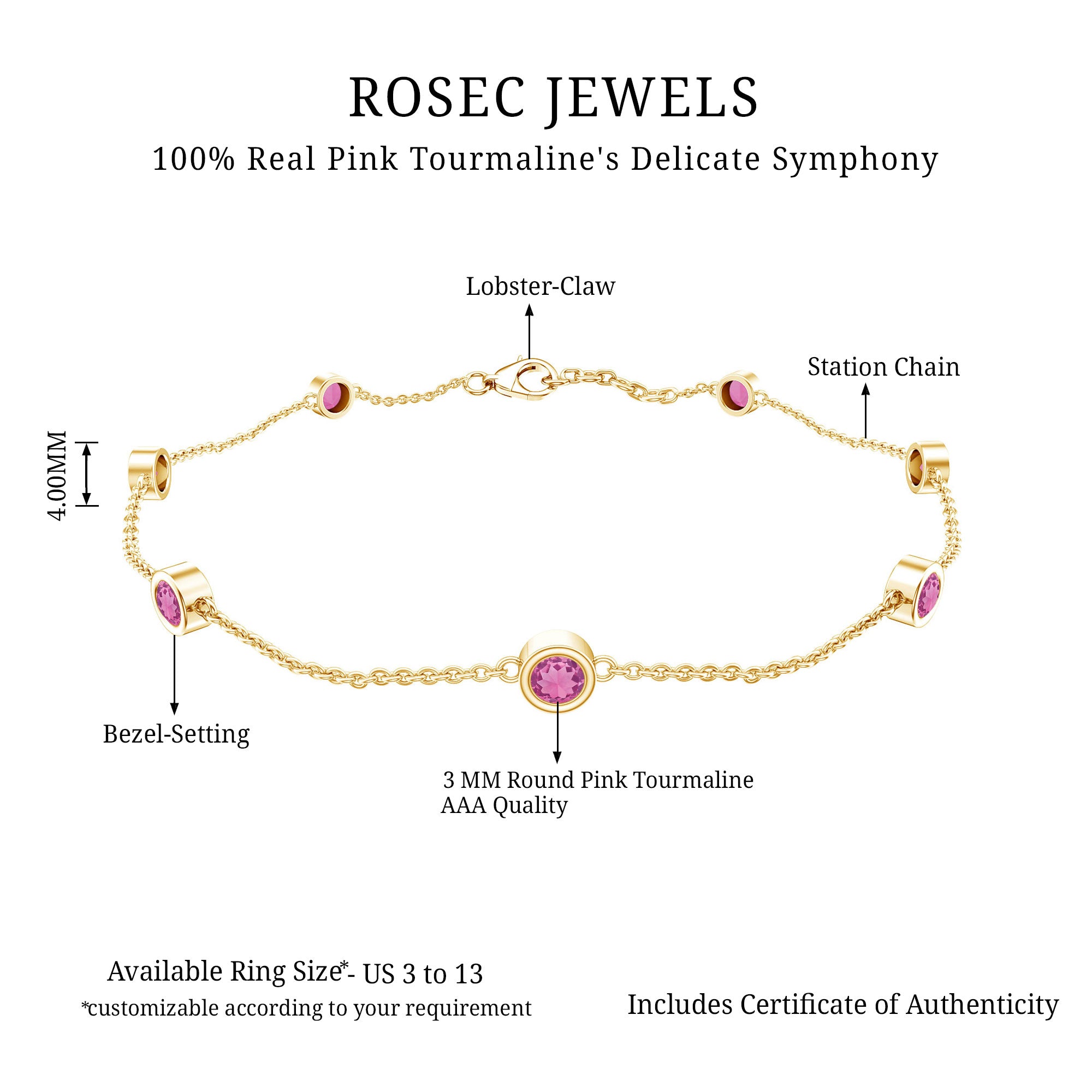 Real Pink Tourmaline Station Chain Bracelet for Women AAA - Rosec Jewels
