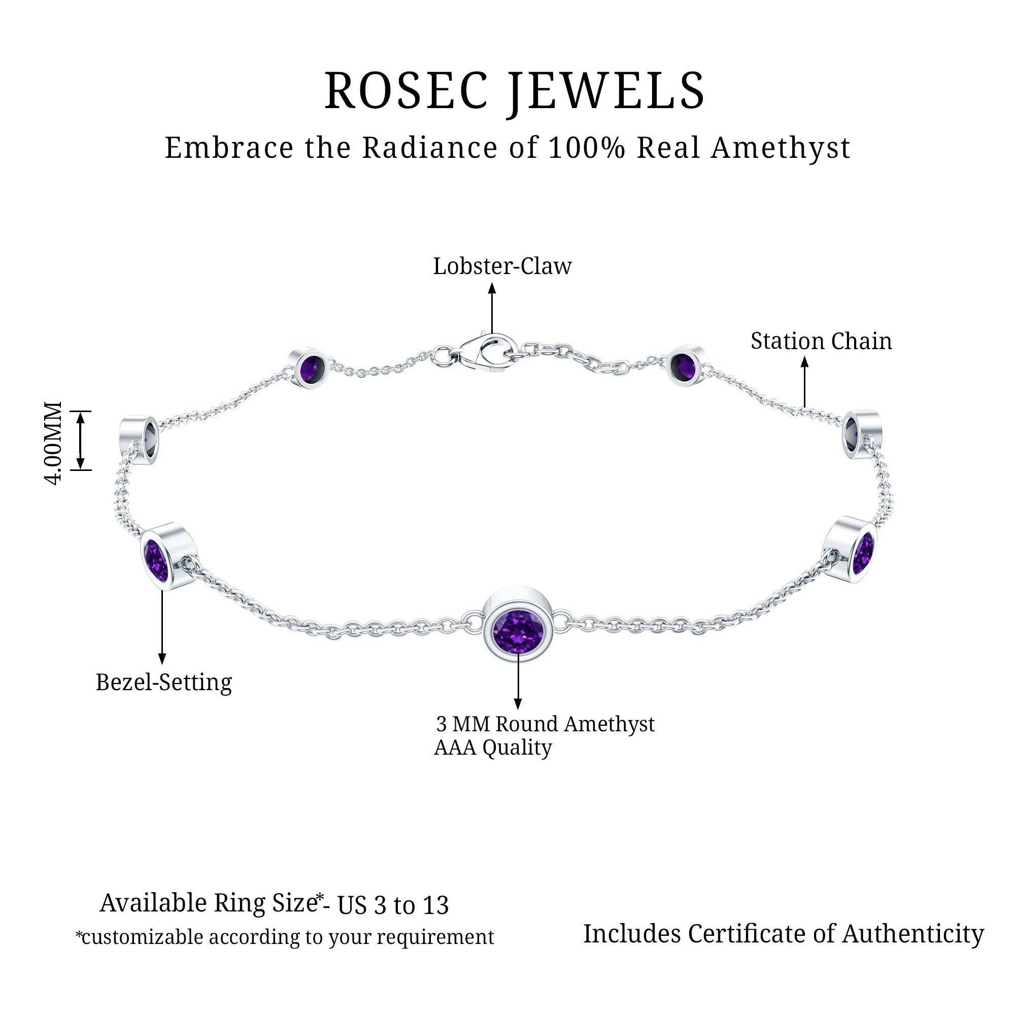 Real Amethyst Chain Bracelet in Bezel Setting AAA - Rosec Jewels