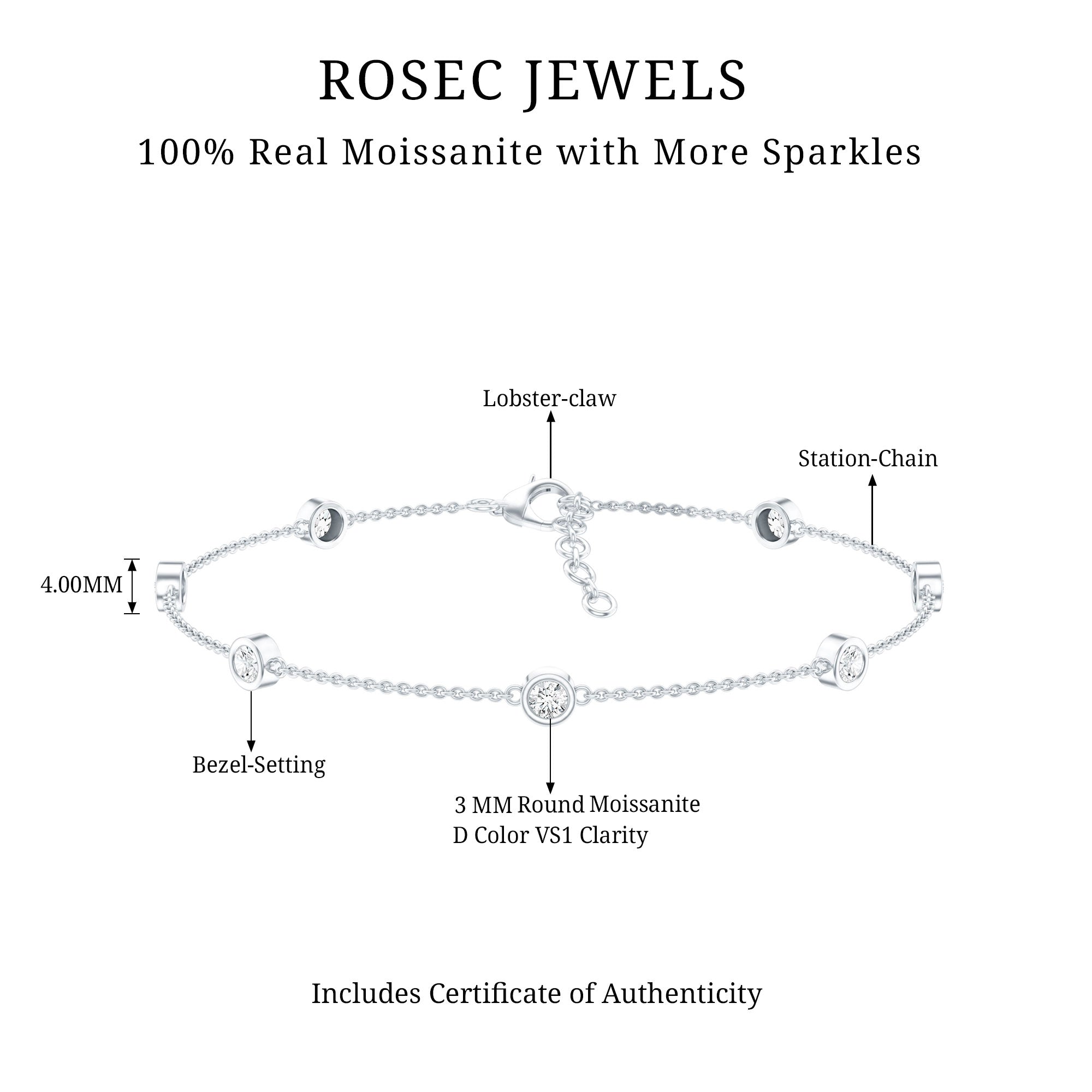 Round Cut Certified Moissanite Chain Bracelet in Bezel Setting D-VS1 - Rosec Jewels
