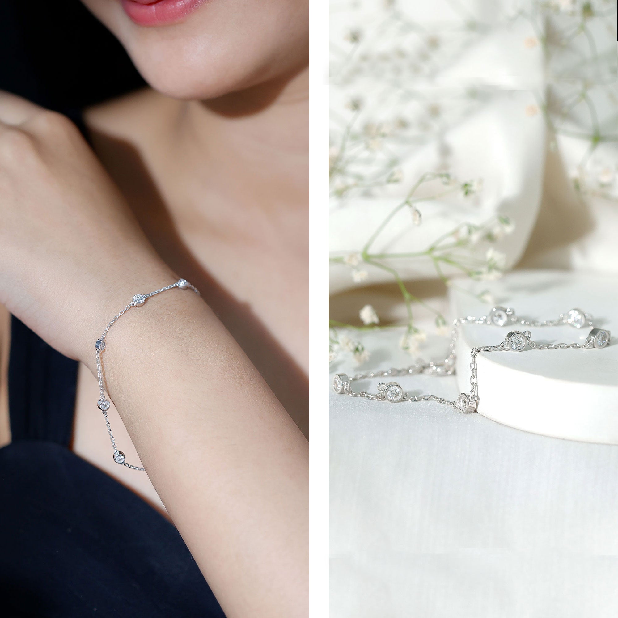 Round Cut Certified Moissanite Chain Bracelet in Bezel Setting D-VS1 - Rosec Jewels