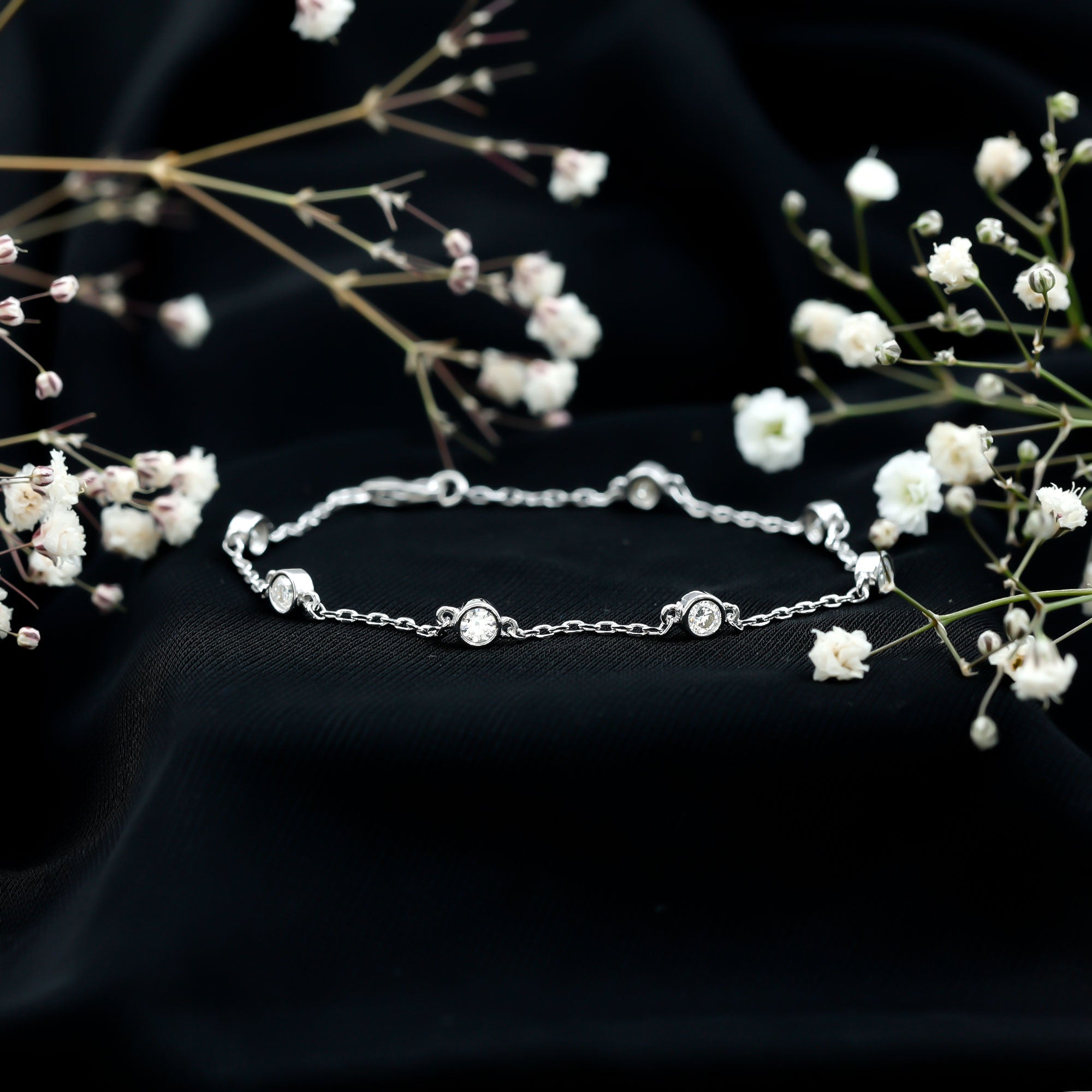 Round Cut Certified Moissanite Chain Bracelet in Bezel Setting D-VS1 - Rosec Jewels