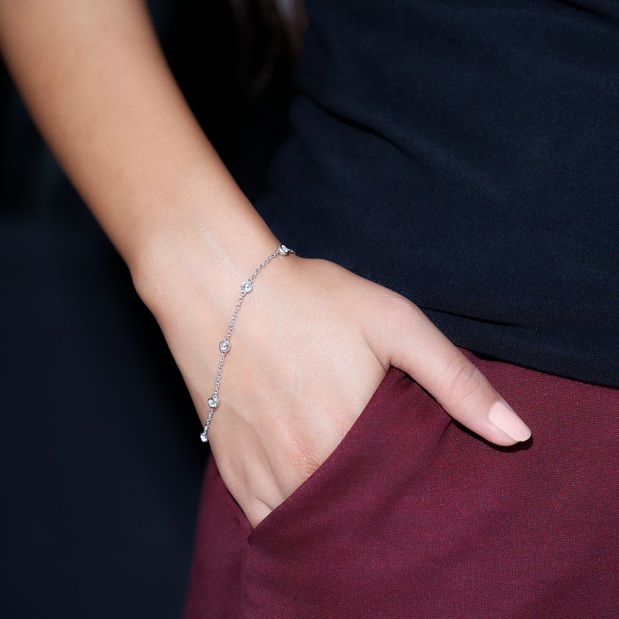 Round Cut Certified Moissanite Chain Bracelet in Bezel Setting D-VS1 - Rosec Jewels