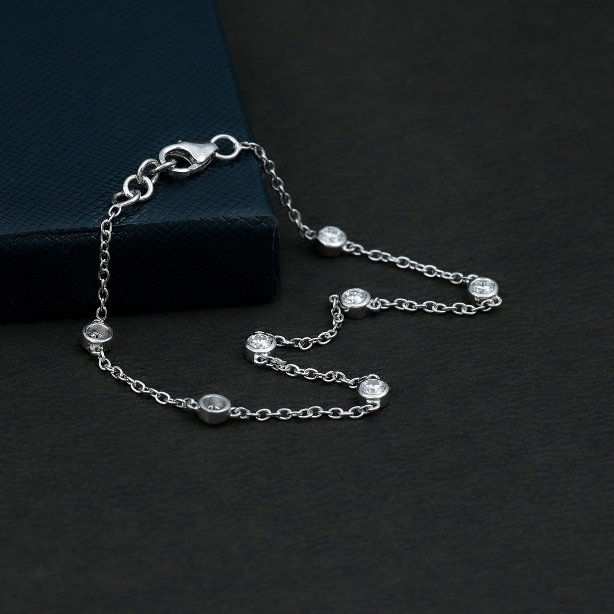 Round Cut Certified Moissanite Chain Bracelet in Bezel Setting D-VS1 - Rosec Jewels