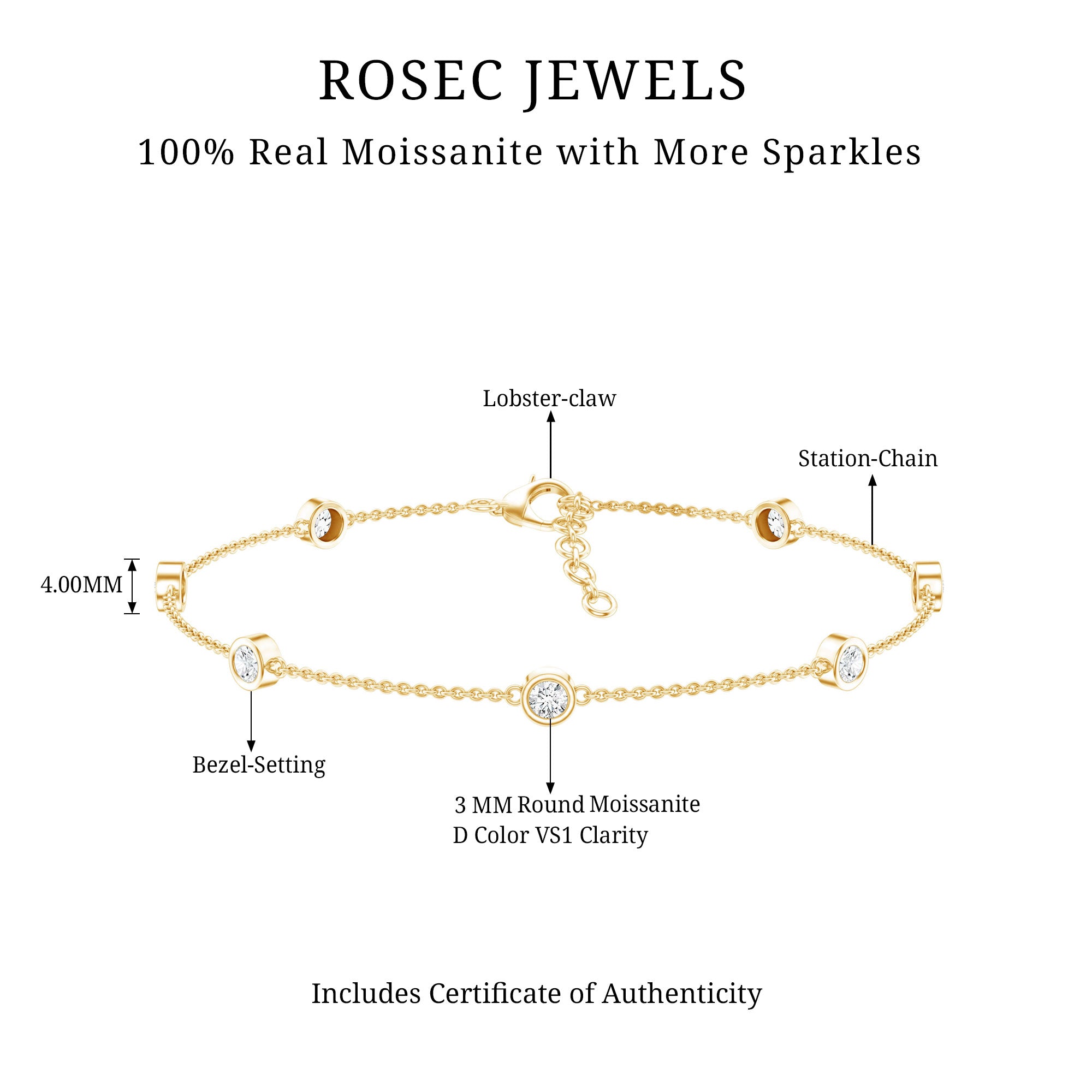 Round Cut Certified Moissanite Chain Bracelet in Bezel Setting D-VS1 - Rosec Jewels