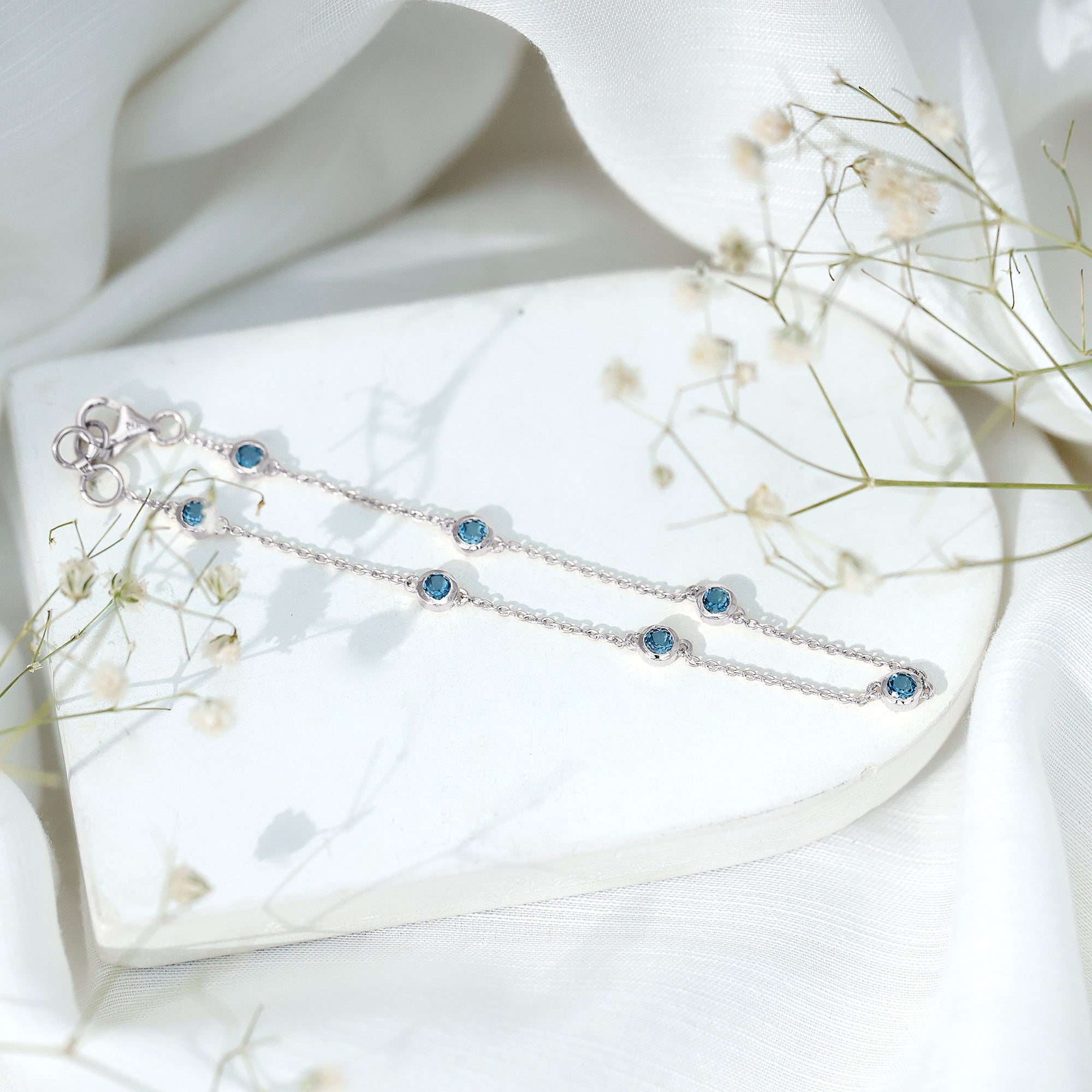 Bezel Set London Blue Topaz Station Chain Bracelet AAA - Rosec Jewels