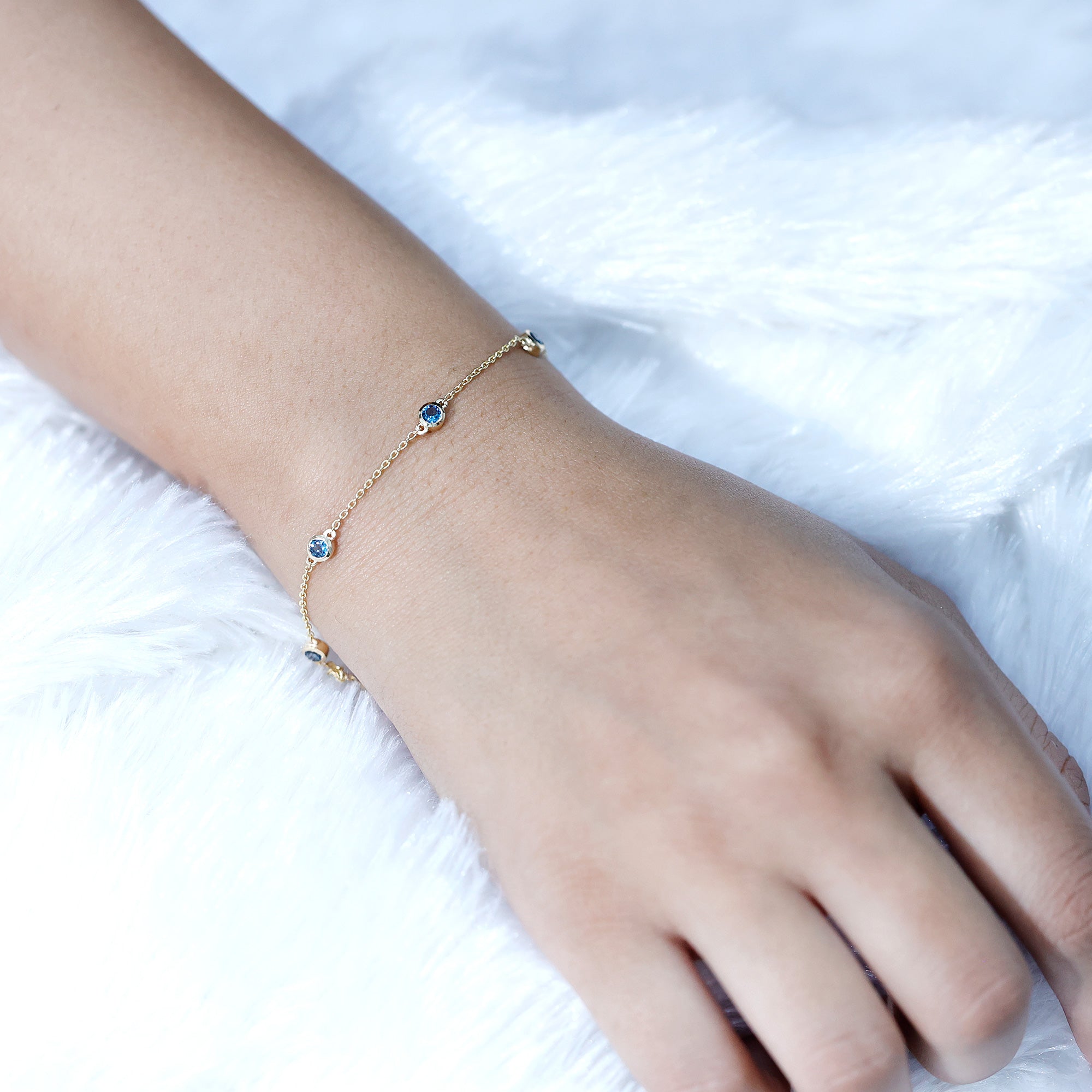 Bezel Set London Blue Topaz Station Chain Bracelet AAA - Rosec Jewels