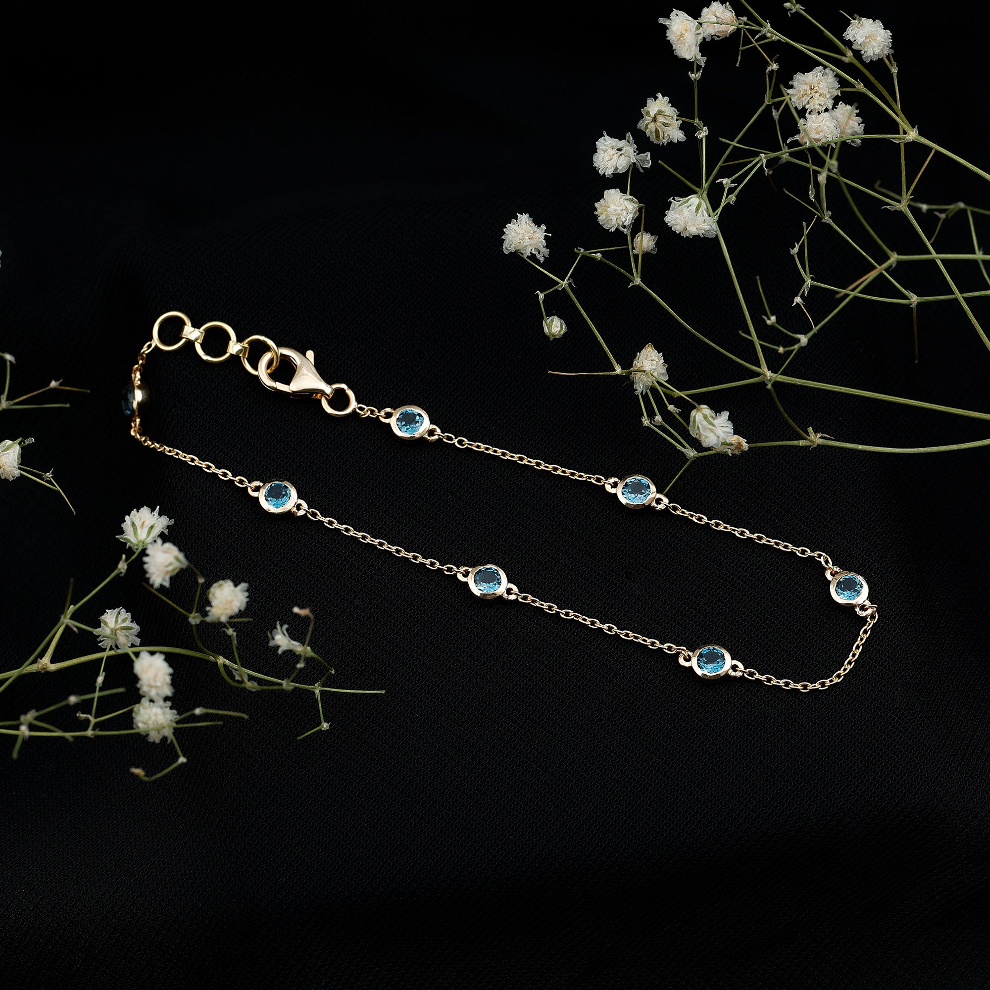 Bezel Set London Blue Topaz Station Chain Bracelet AAA - Rosec Jewels