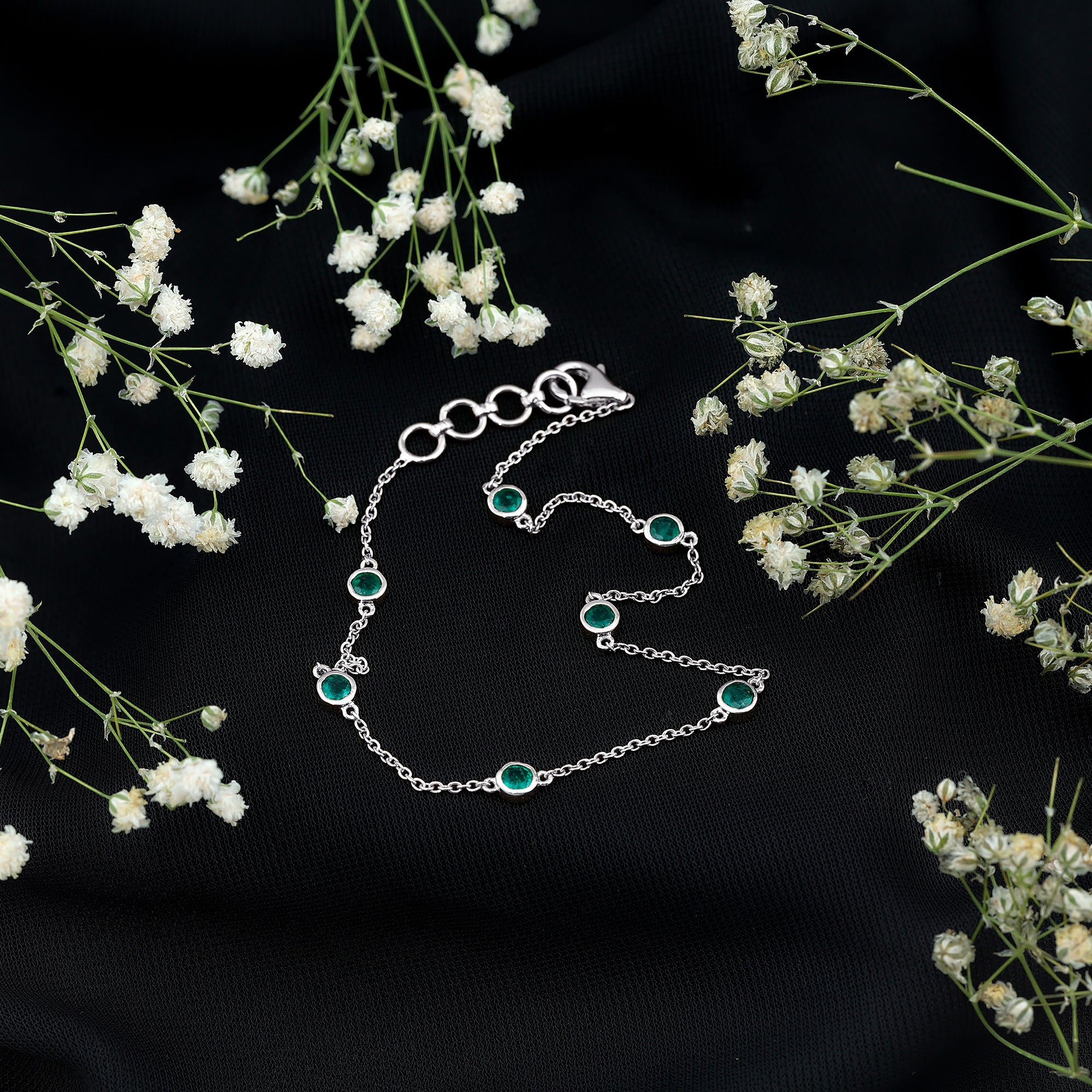 Bezel Set Emerald Station Chain Bracelet for Her AAA - Rosec Jewels