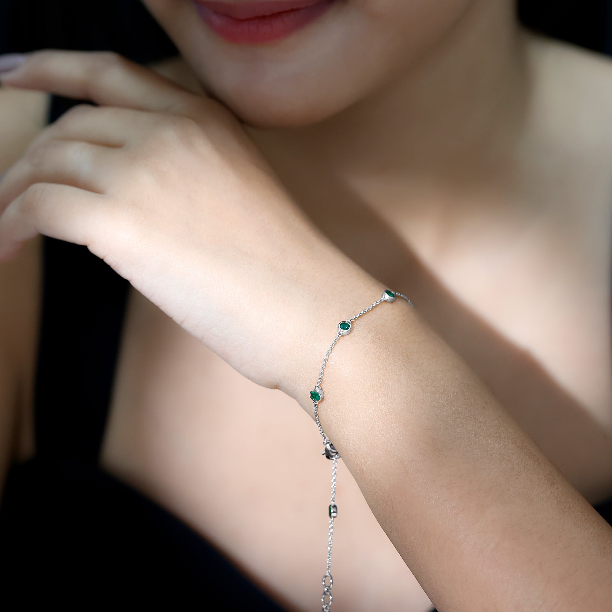 Bezel Set Emerald Station Chain Bracelet for Her AAA - Rosec Jewels