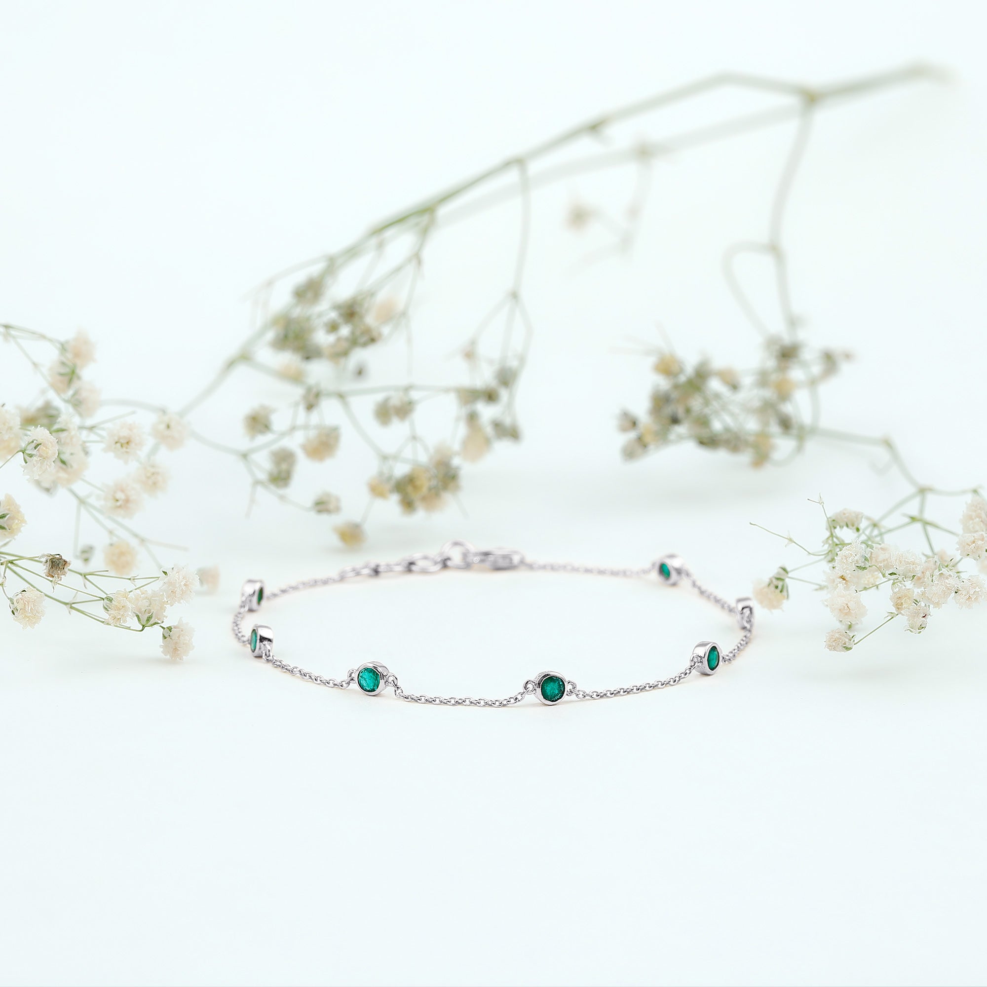 Bezel Set Emerald Station Chain Bracelet for Her AAA - Rosec Jewels