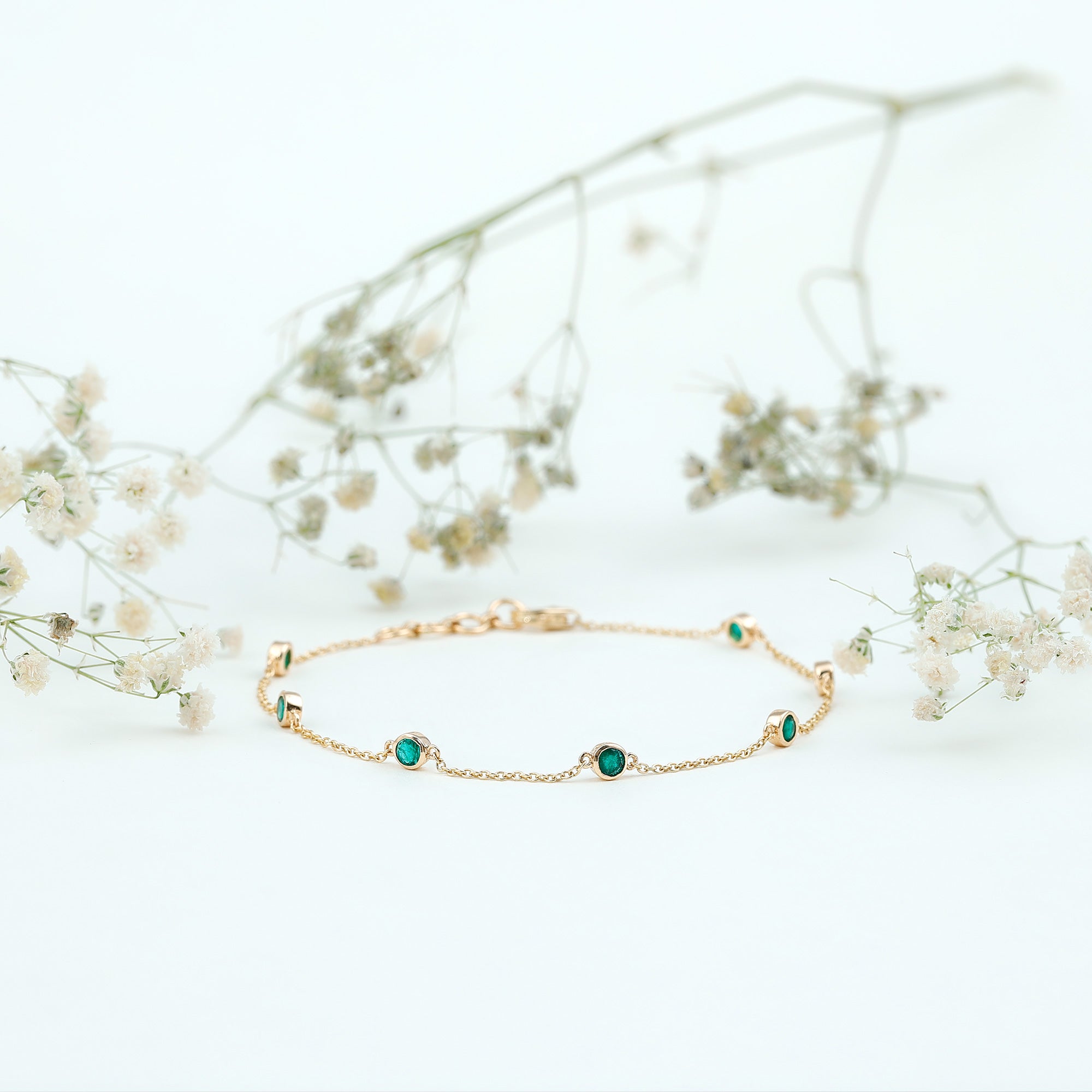 Bezel Set Emerald Station Chain Bracelet for Her AAA - Rosec Jewels