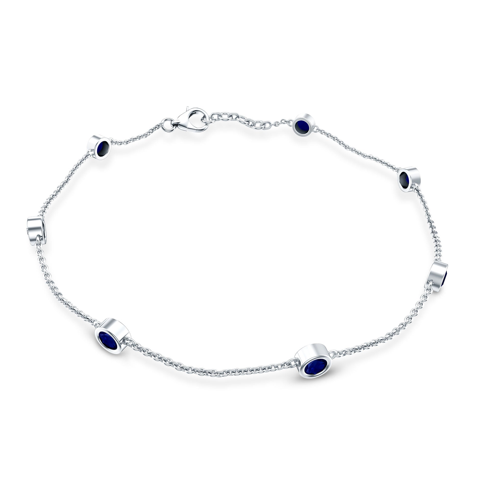 Natural Blue Sapphire 7 Stone Station Chain Bracelet AAA - Rosec Jewels